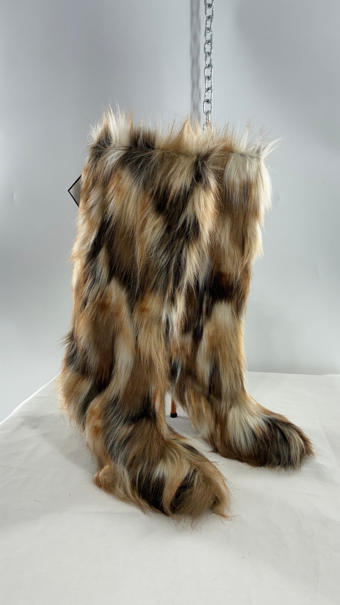 Vintage Mixed Tone Vegan Fur, Knee High, Pointed Toe Boots (43)