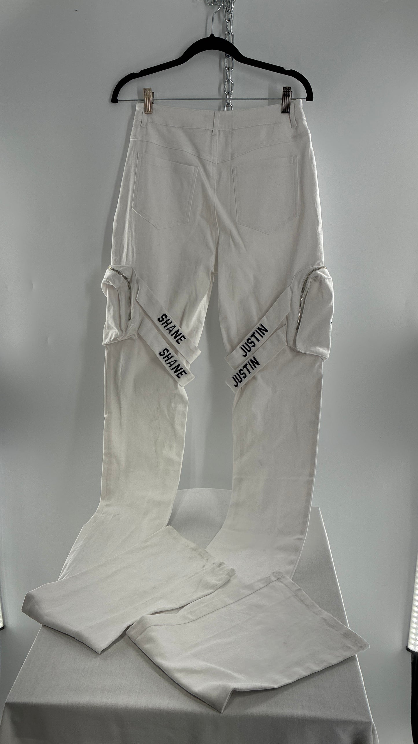 Designer SHANE JUSTIN White Stacked Extendo Cargo Pants with Embroidered Logo Pants and Tags Attached (Small)