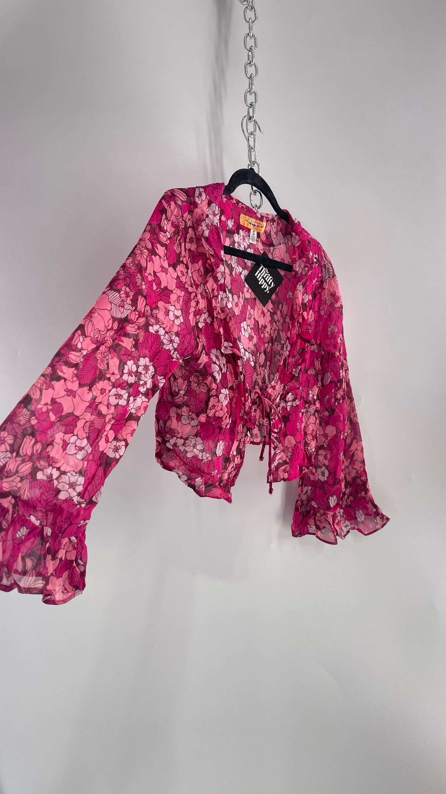 Urban Outfitters Fuchsia 100% Viscose Floral Tie Front, Ruffled Blouse