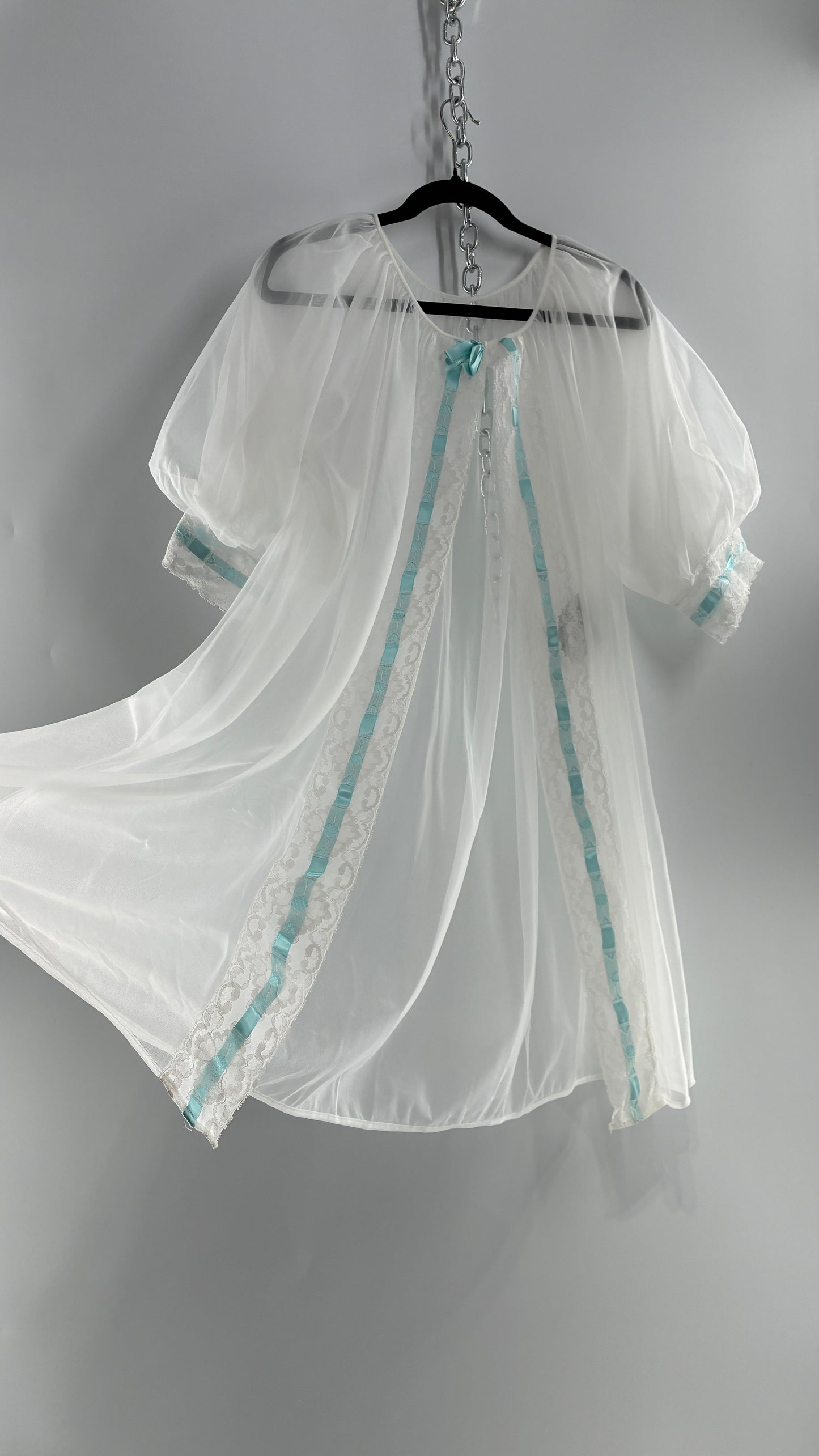 Vintage White Tulle Dress Cape with Oversized Puff Sleeves, Lined with Lace and Baby Blue Ribbon Trim (Medium)