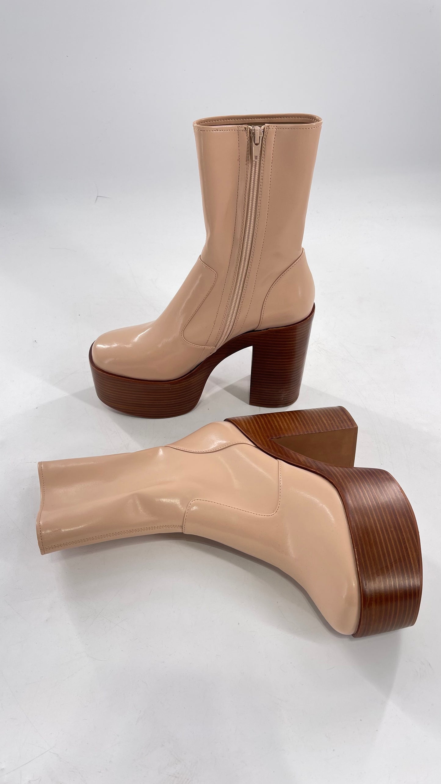 Free People X Jeffrey Campbell Mexique GoGo Boots • Beige Patent Boot with Wood Grain Chunky Block Heel and Platform (9)
