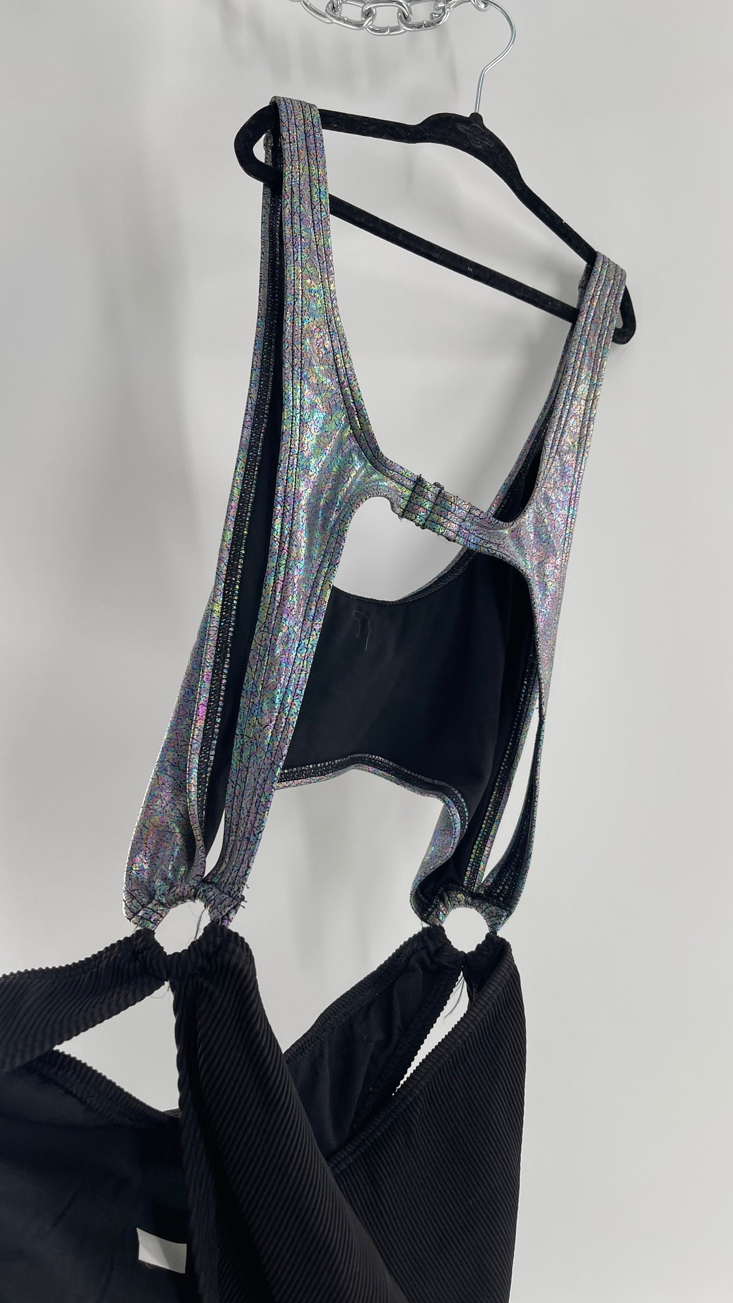 Urban Outfitters Out From Under Bathing Suit Metallic Gas Spill Top and Ribbed Black Bottom Connected by Rings (Large)