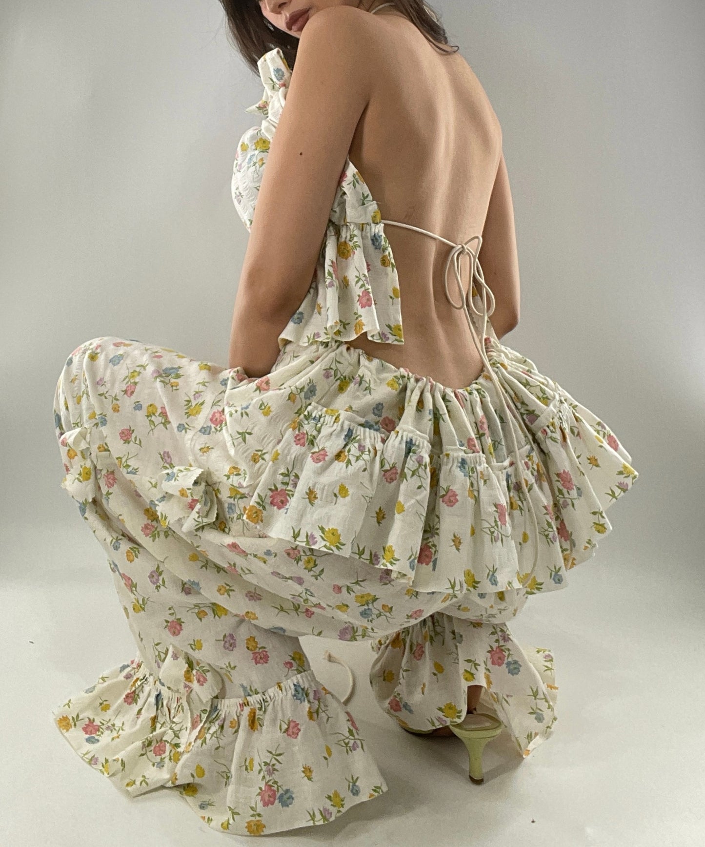 Vintage 2 Piece Floral Babydoll Set with Adjustable Top and Adjustable Pants Featuring Bow Sides and Ruffles Bum (One Size)