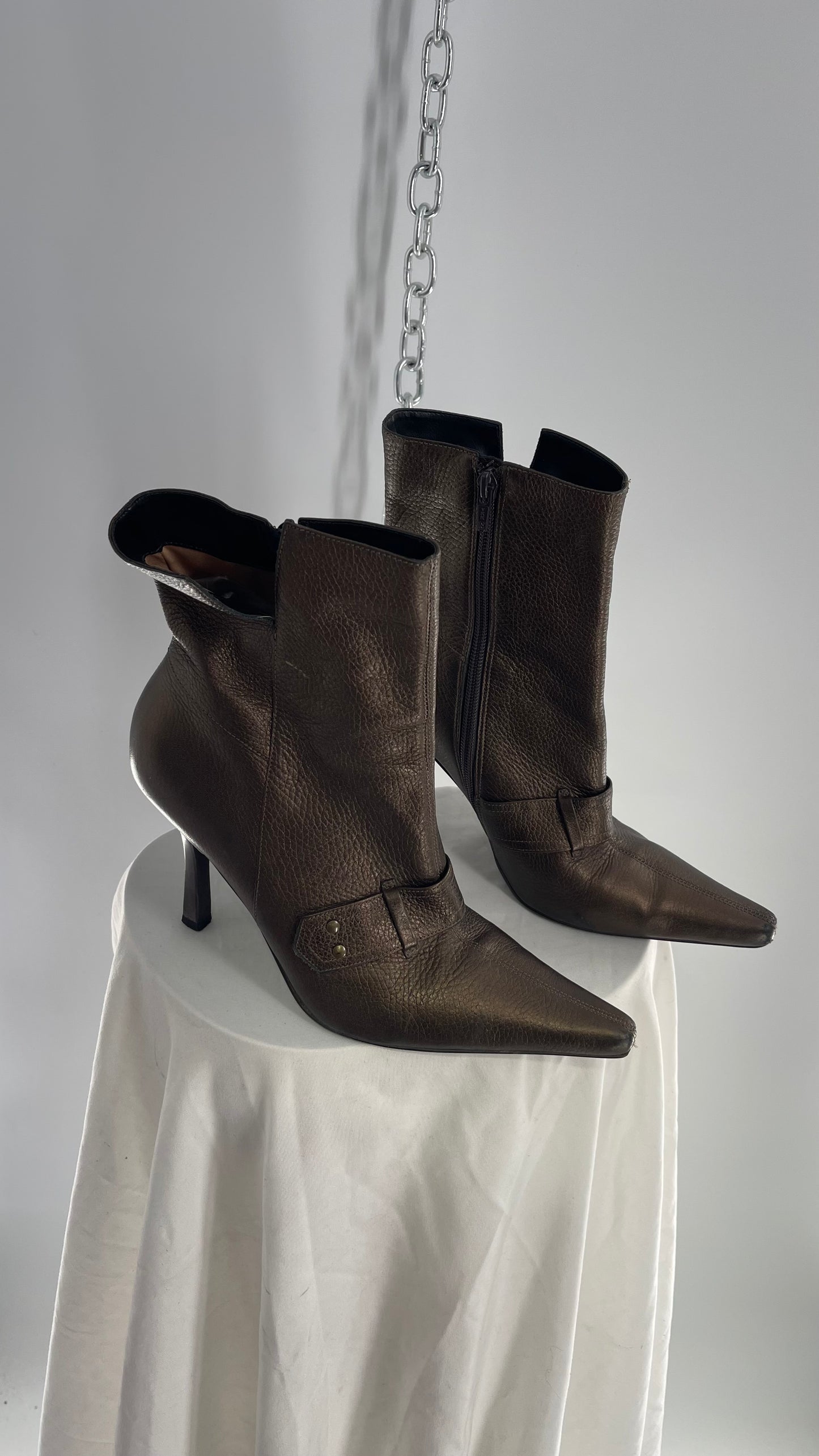 Vintage GIANNI Metallic Bronze Pointed Toe Buckle Strap Boots Made in Brazil (38)