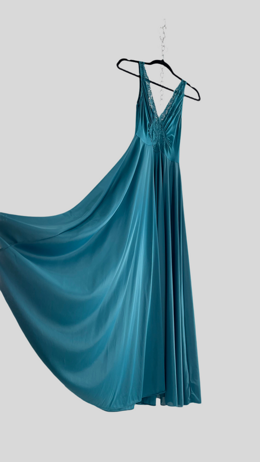 Vintage Olga Intimates Floor Length Voluminous Blue Jewel Toned Maxi Dress/Night Gown with Lace Bust (Small)