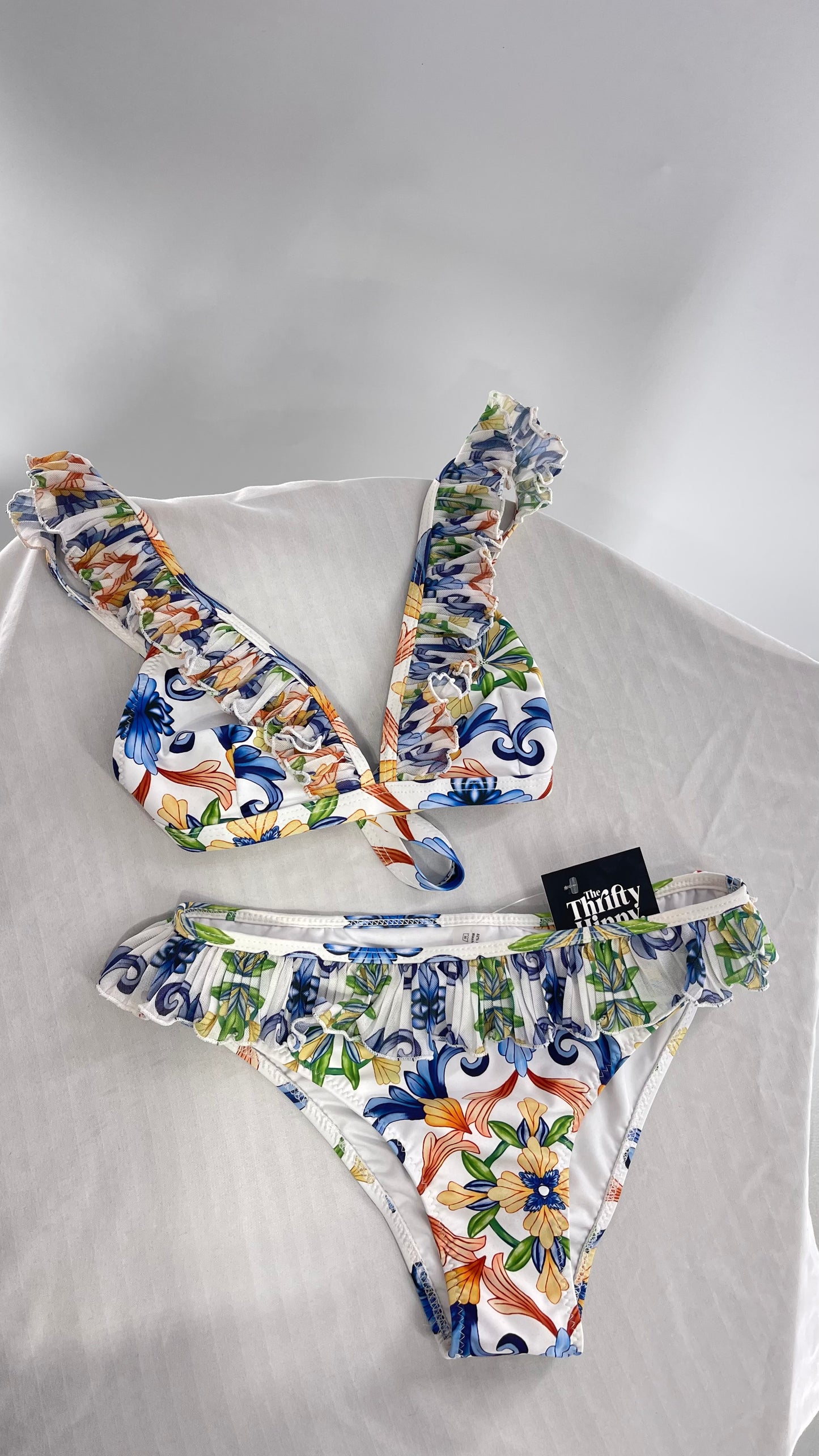 White/Blue Paisley Patterned Ruffle Trim Swim Set (Small)
