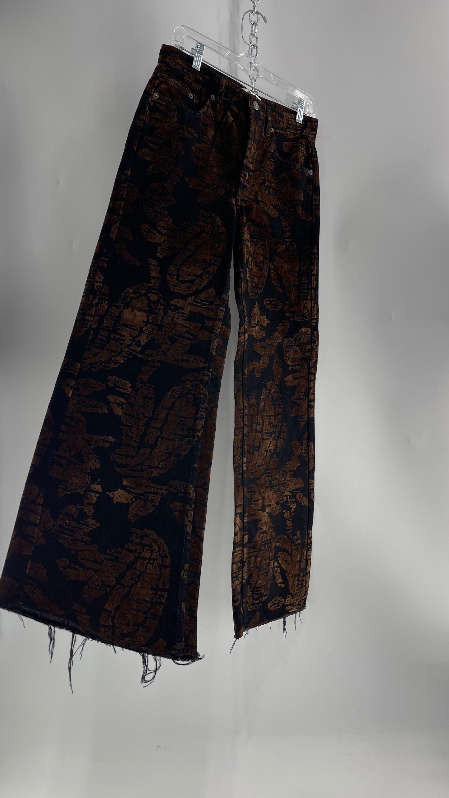 Free People Black/Brown Velvet Texture Graphic Straight Legs with Raw Edge Hem and Tags Attached (28)