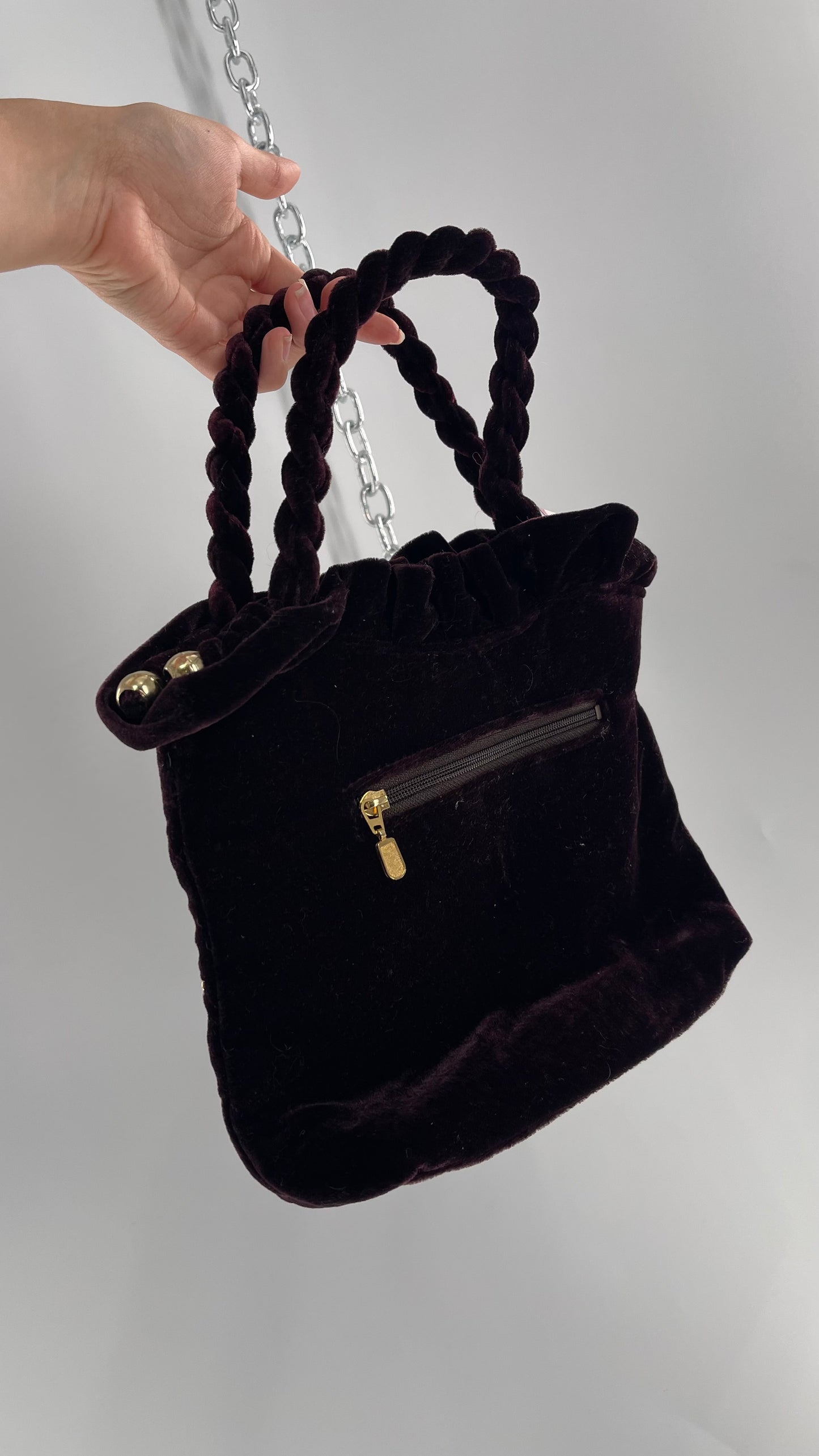 Vintage Purple Violet Velvet Quilted Purse with Rope Handles and Gold Metal Closure