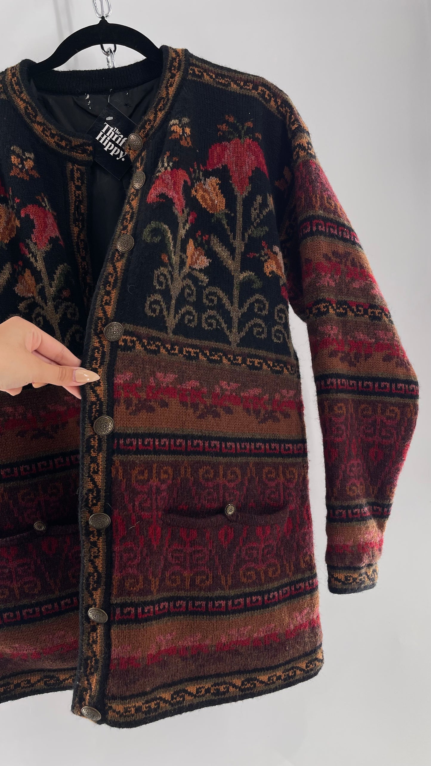 Vintage Iceland Design Wool Jacket with Brass Embossed Buttons and Folk Floral Patterning(C)(Medium)