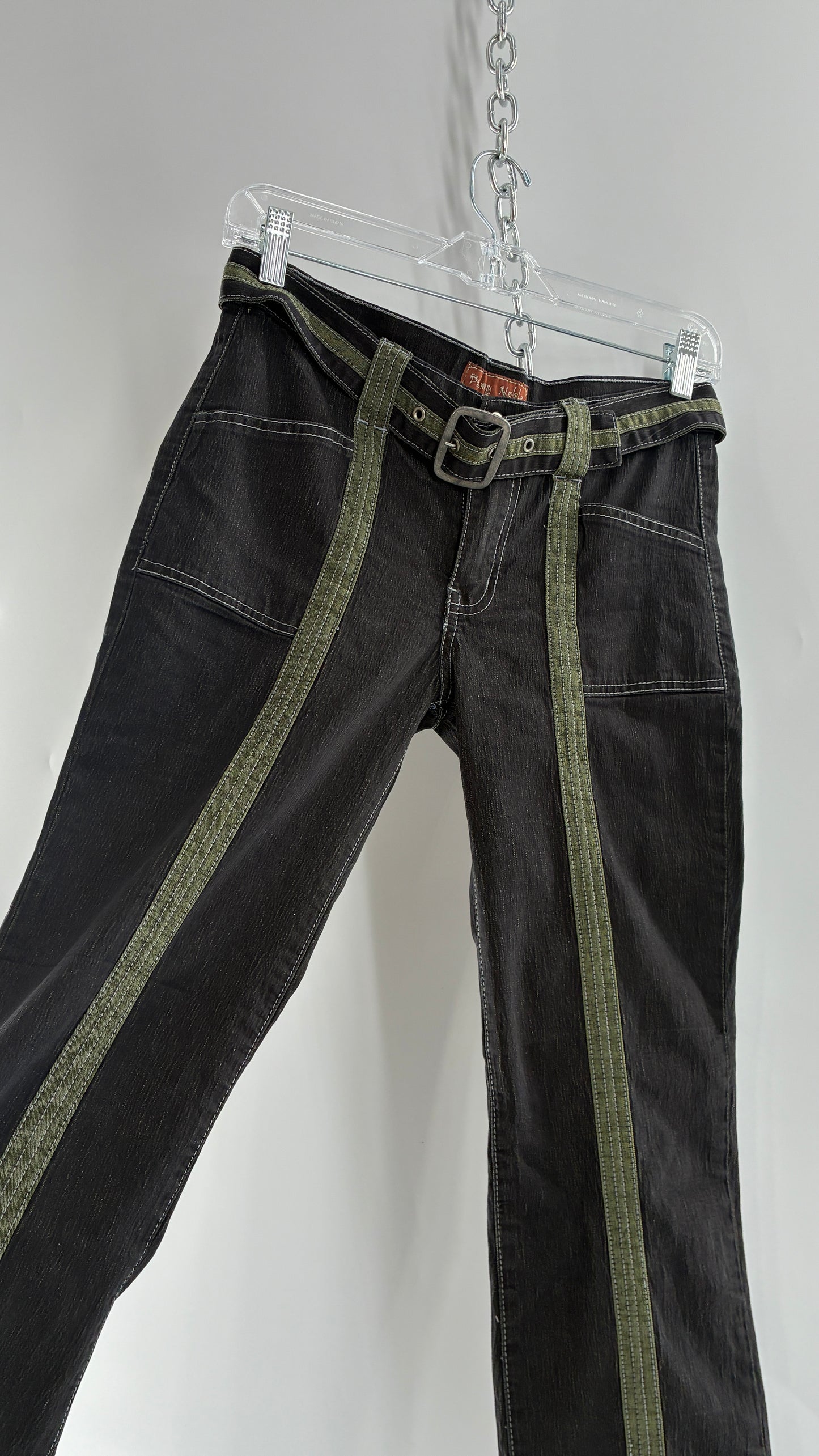 Vintage PALMY NOBLE Dark Wash Low Rise Denim with Green Details and Built in Belt (7/8)