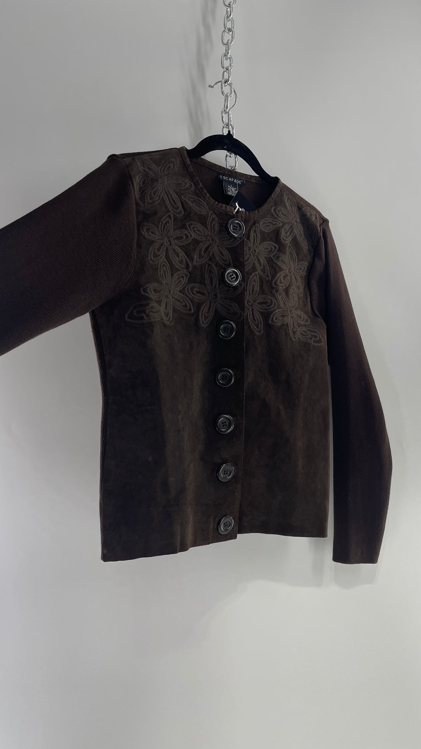 ESCAPADE Vintage 1990s Dark Brown Suede Vest with Knit Sleeves and Embroidered Flowers (Large)