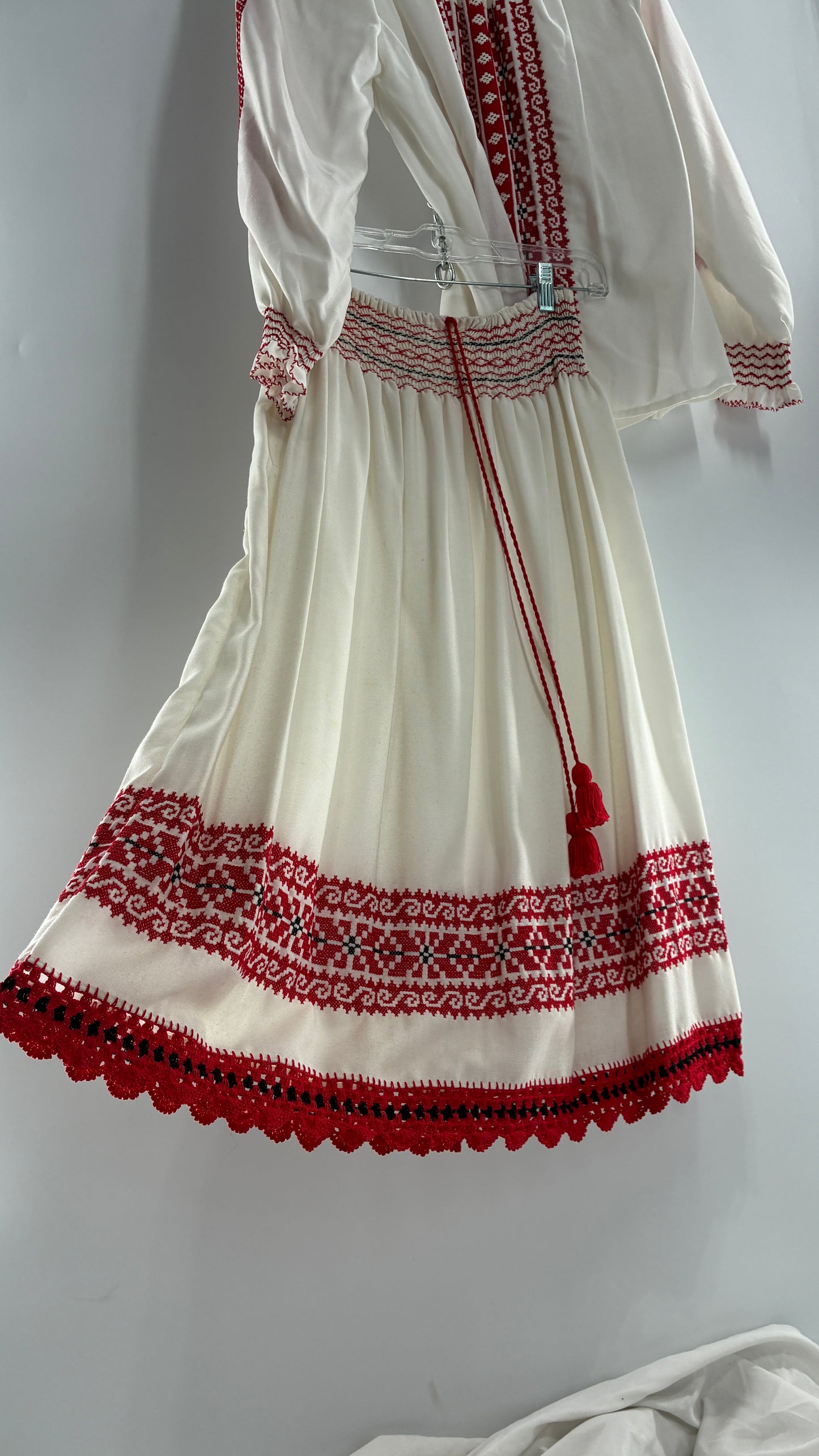 Vintage 1970s LUX FOLKLOR Budapest Handmade Cotton Long Sleeve and Skirt Covered in Red Embroidery and Stitching