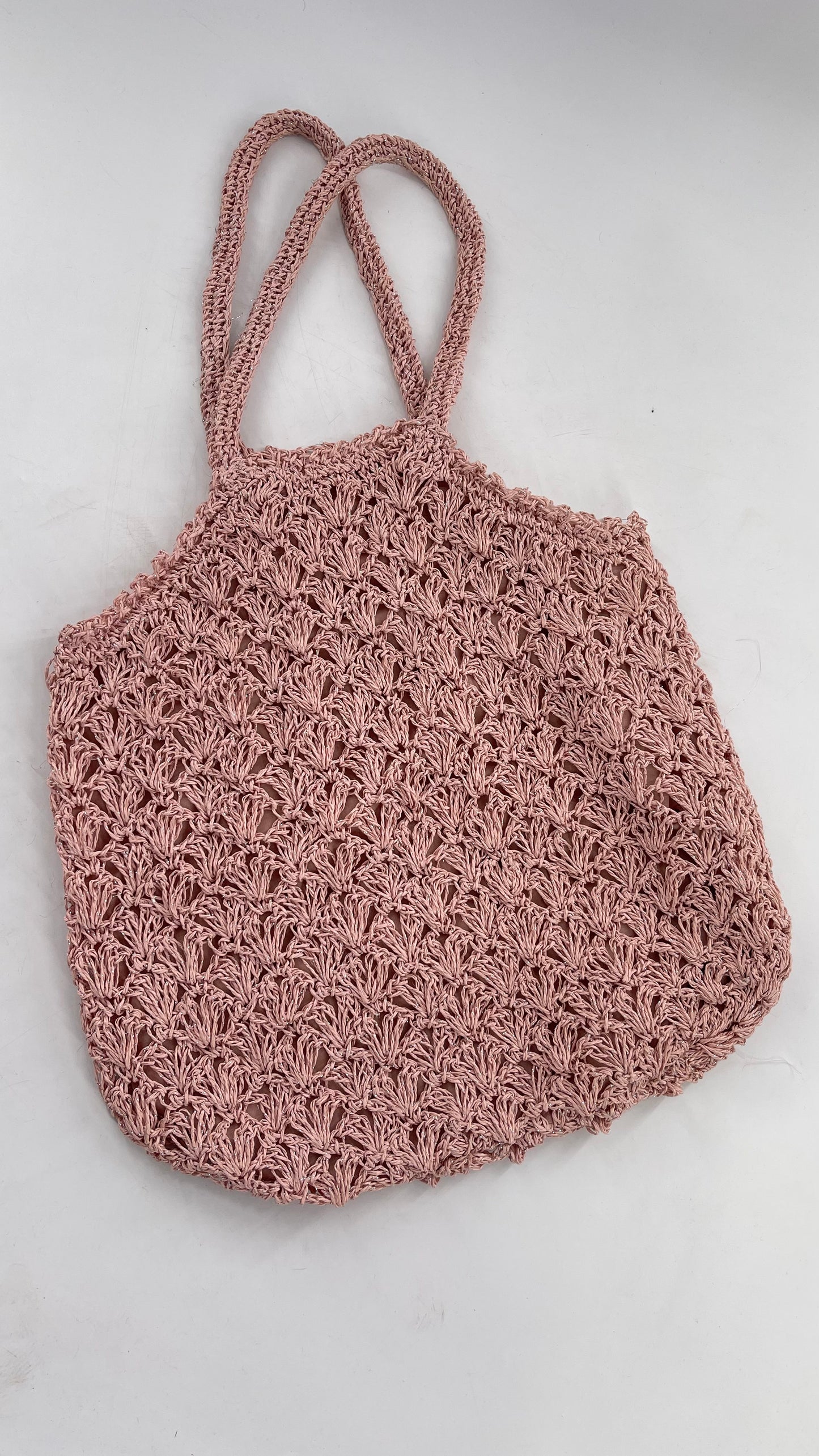 Urban Outfitters Baby Pink Straw Tote Bag with Silver Tinsel