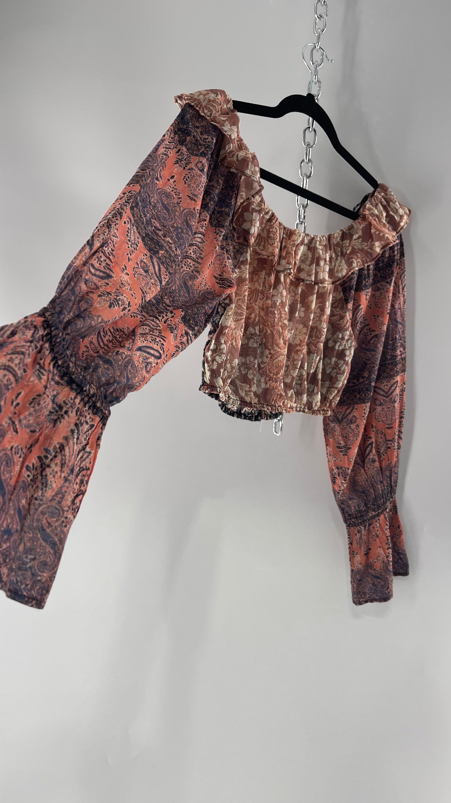 Free People Cotton Pink Blue Mixed Paisley Patterned Cropped Blouse with Bell Sleeves, Button Front and Ruffled Neckline with Bow Tie Detail (XS)