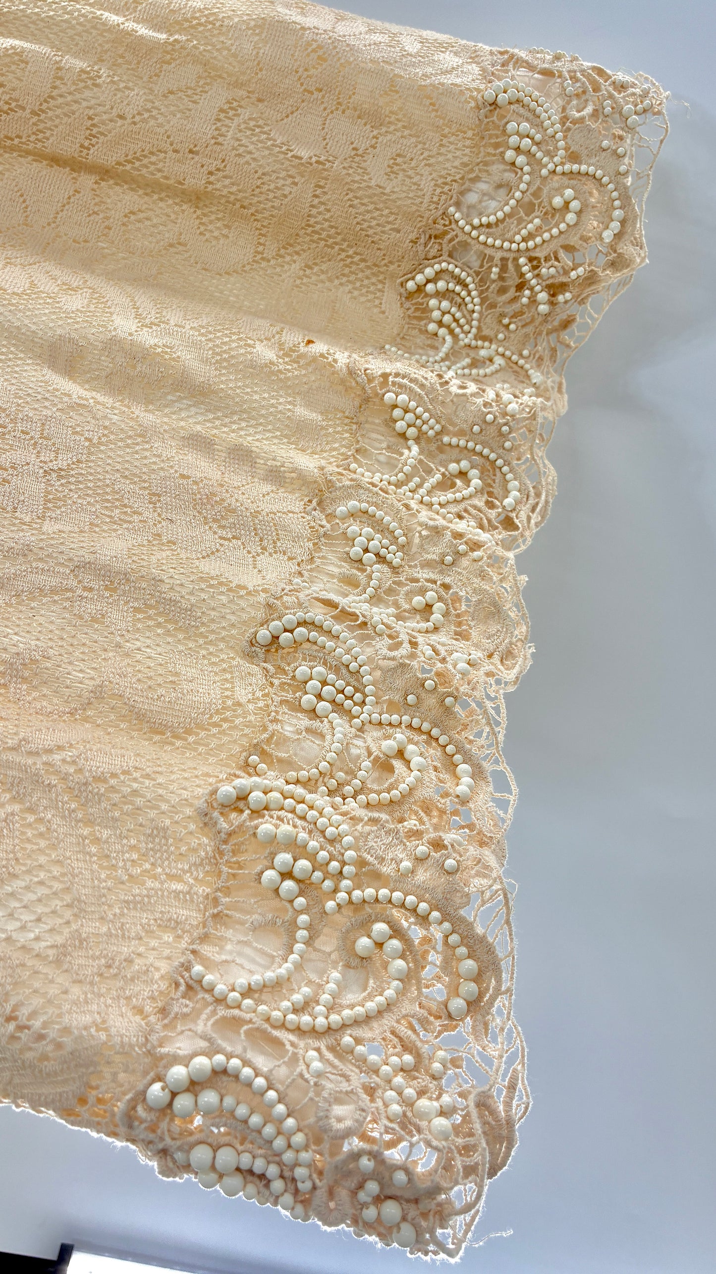 Vintage Free People Beige Long Sleeve Lace Dress with Deep Neckline, Low Back and Beaded Details