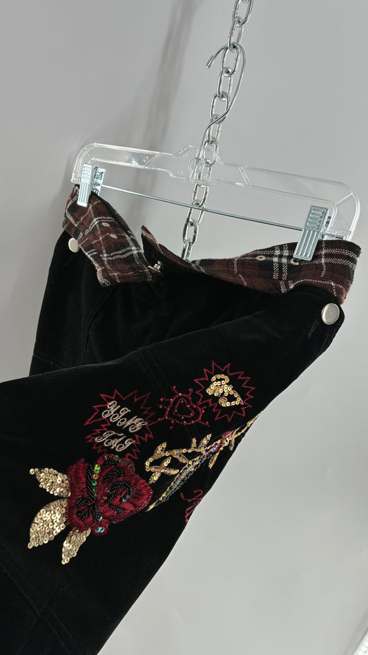 Vintage Black Corduroy Capris with Full Thigh Embroidery, Silver Buttons, and Woven Plaid Waistline (30)