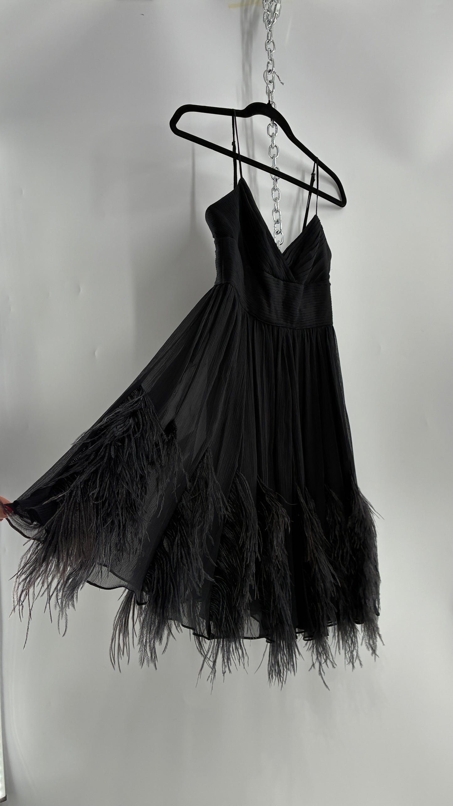 Vintage BCBGMAXAZRIA Crimped Black Dress with Ostrich Feather Details (6)