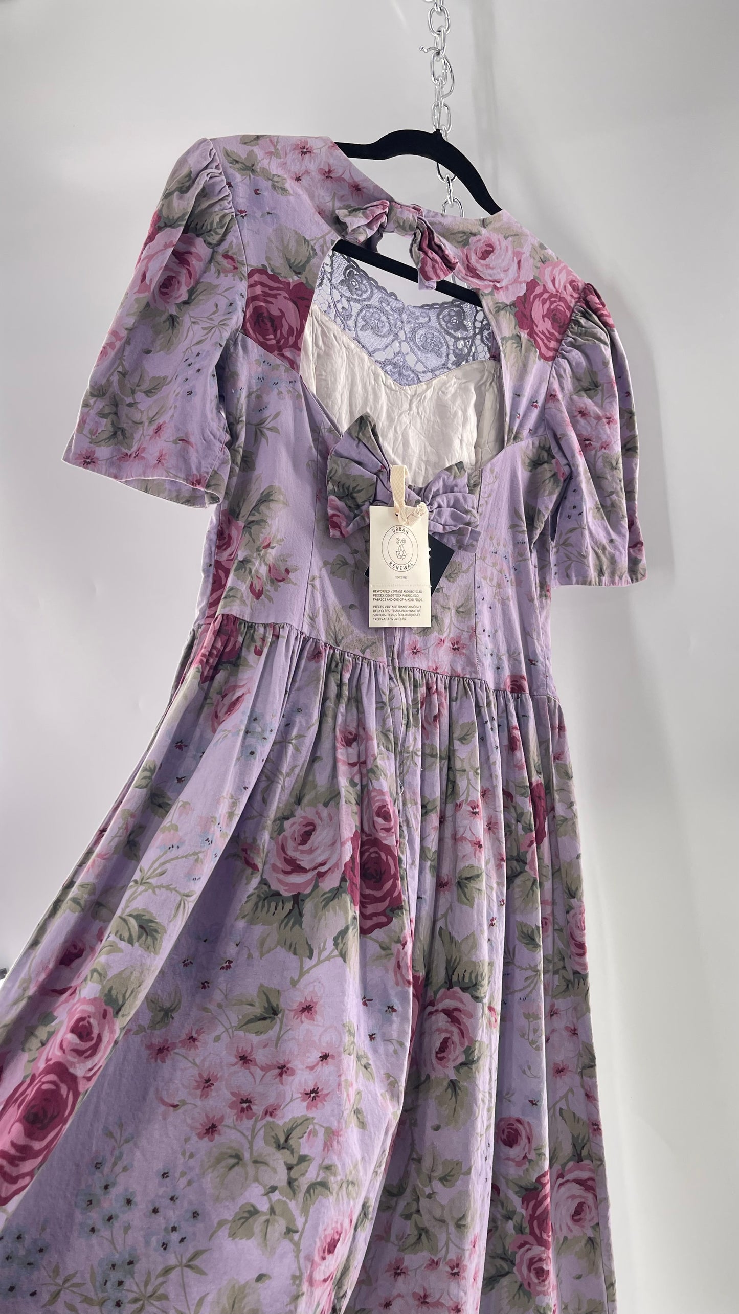 Vintage Urban Renewal Reworked and Upcycled Misty Lane Lilac/Lavender Floral Fit/Flare Dress with Sweetheart Neckline, Lace Detail and Bow Adorned Open Back (11/12)