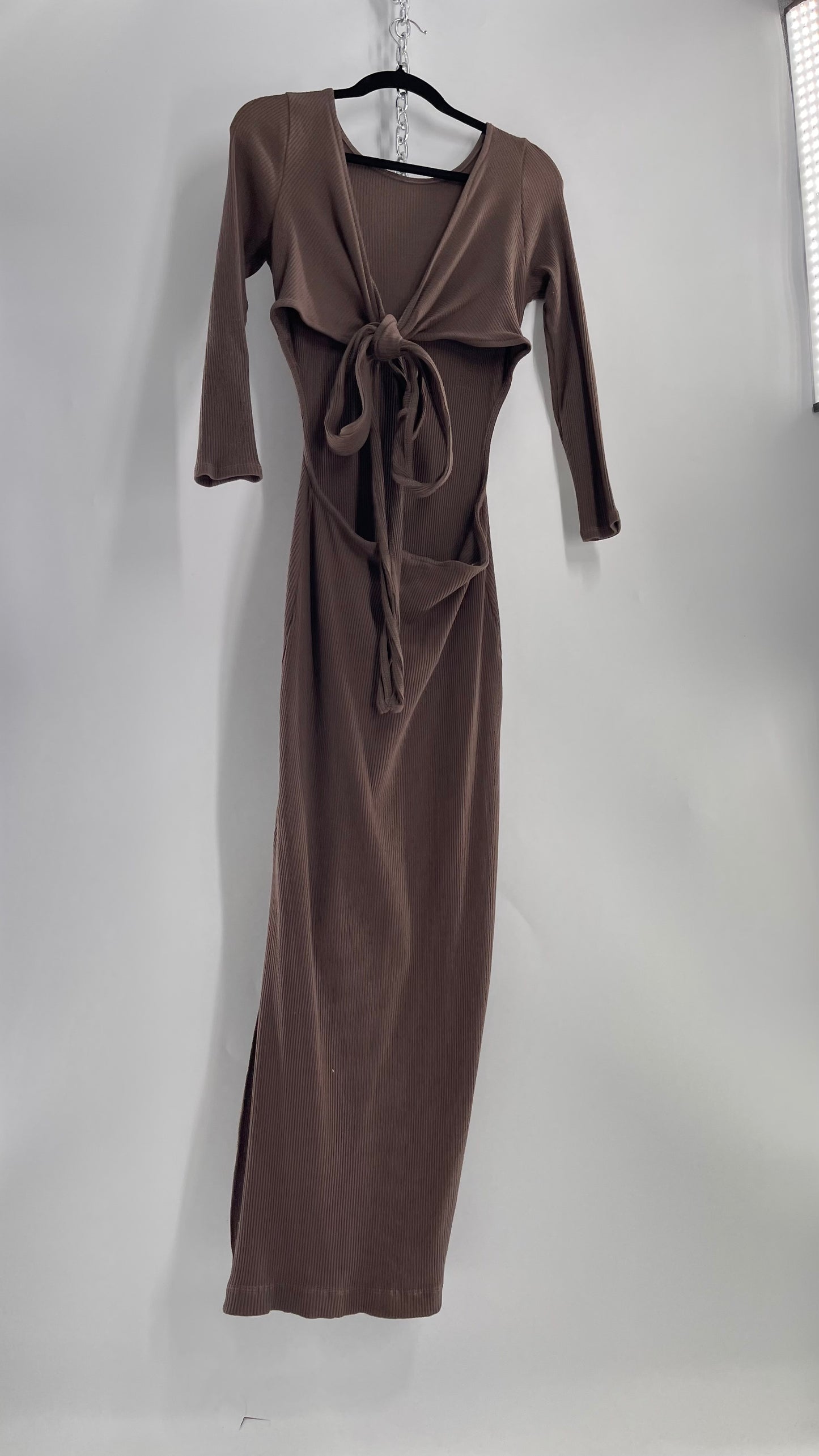 Free People Brown Ribbed Maxi Dress with Low Open Back and Dramatic Tie Detail (Large)