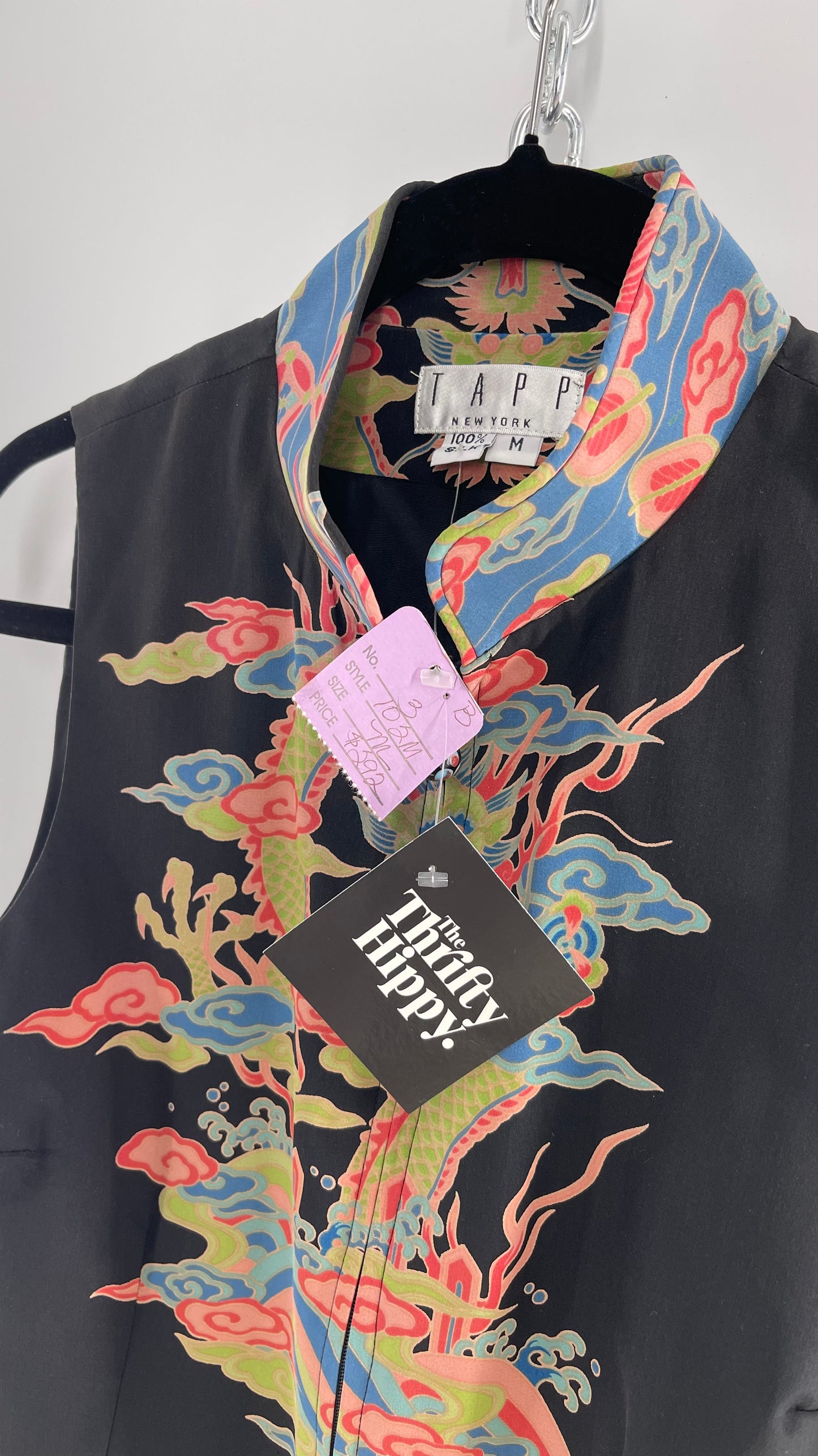 Vintage 1990s TAPP NEW YORK 100% Dragon Graphic Zip Front Crop Sleeveless Vest Top Silk (Medium)