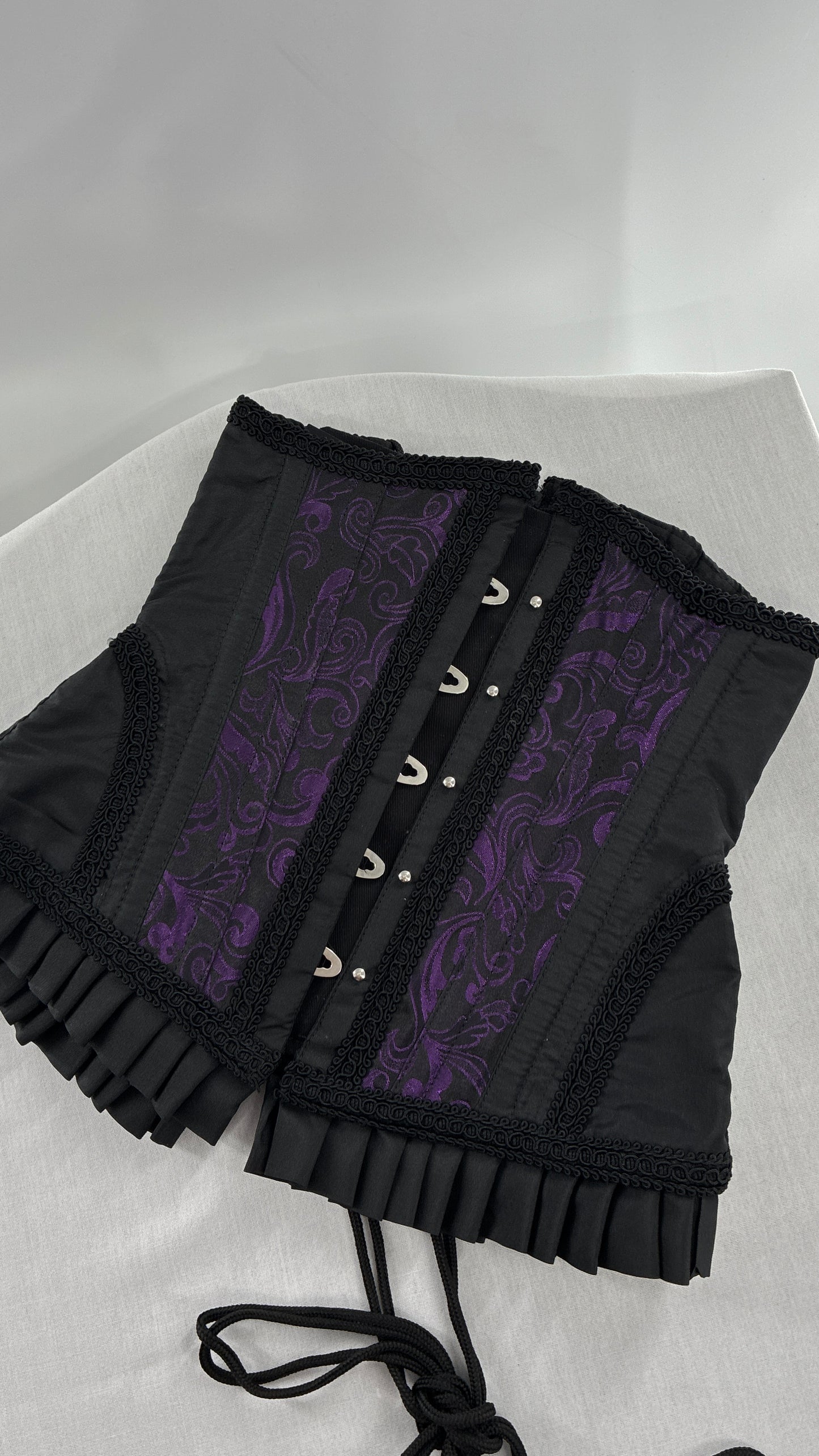 Vintage Black and Purple Brocade Corset with Pleated, Ruffled Hem (Sz 22)