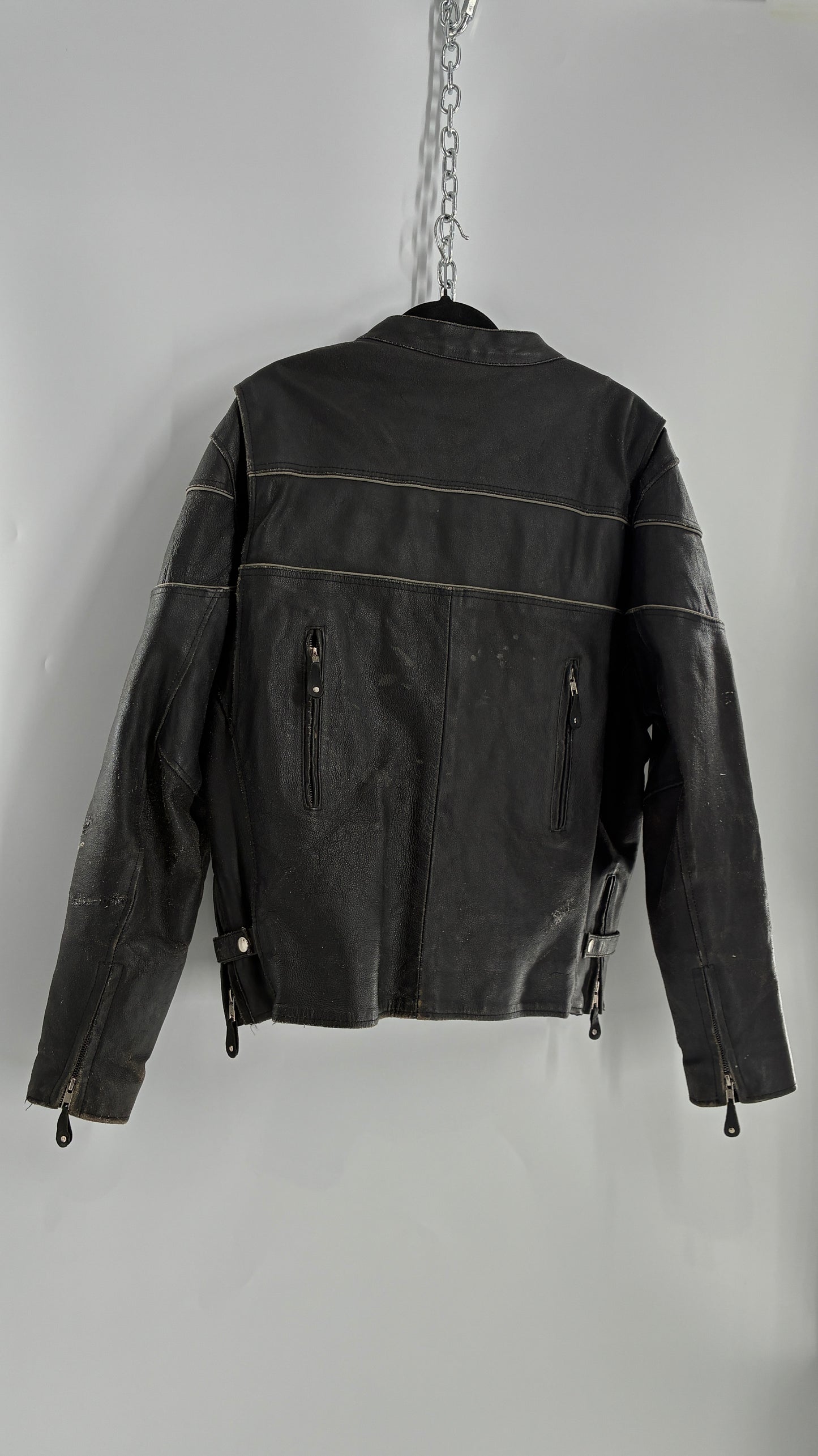 Vintage Distressed Genuine Leather Motorcycle Jacket with Zippered Pockets, Cuffs, and Sides (Large)