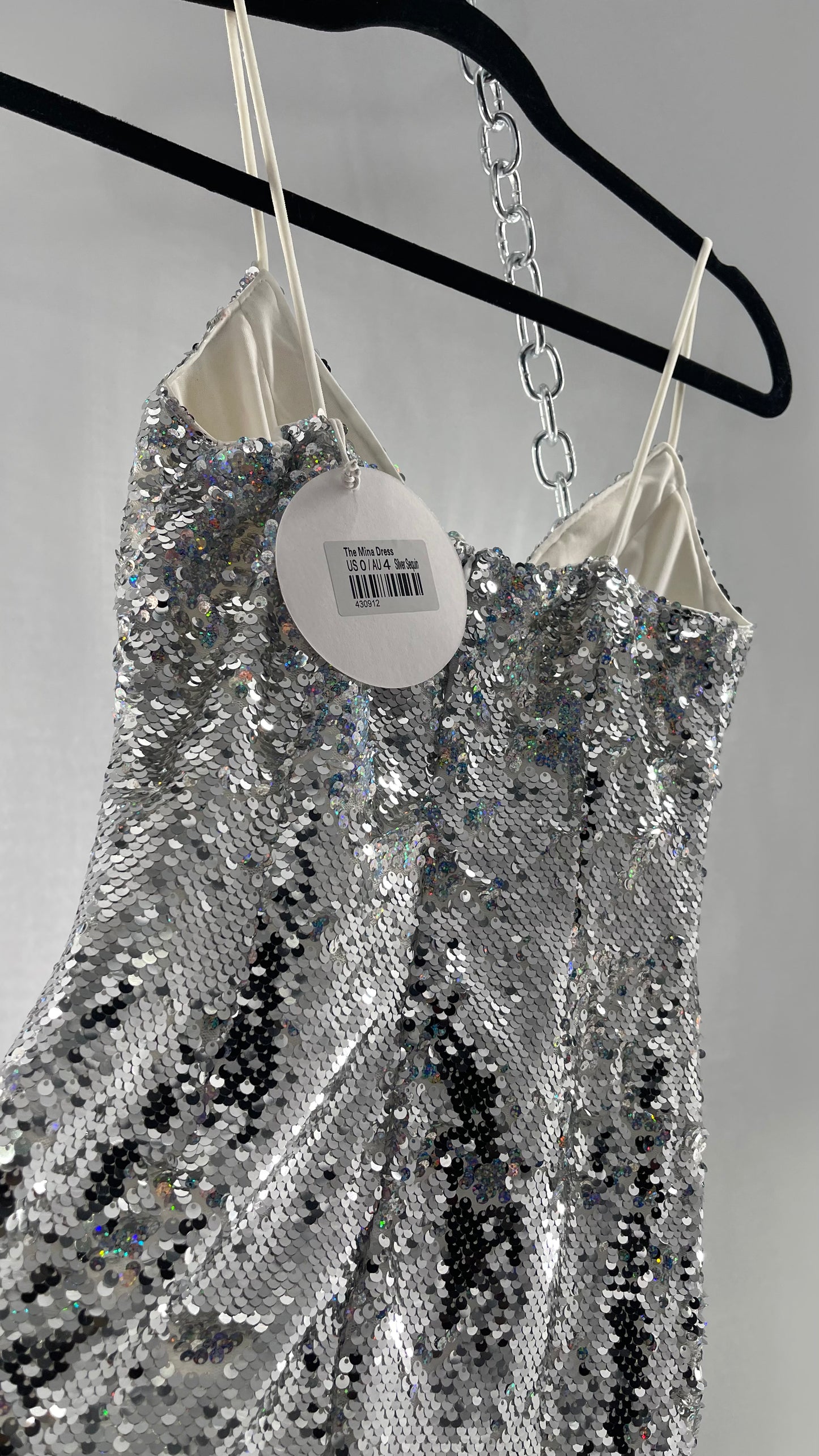 Princess Polly Silver Iridescent Sequin Mini Dress with Triangle Cups and Thigh Slit (0)