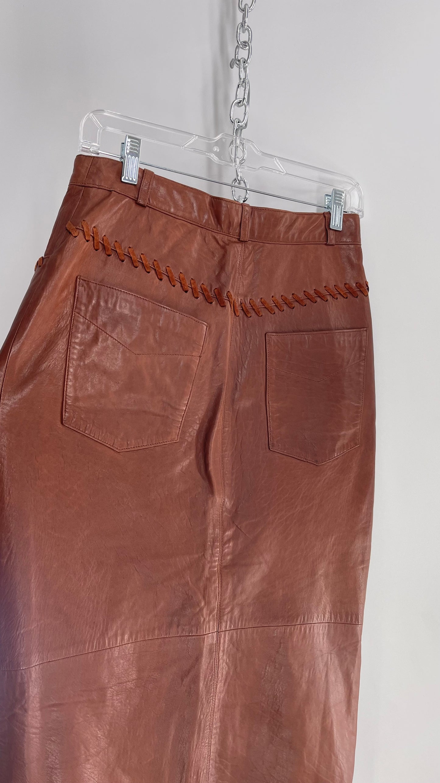 Vintage Diario Italian Brown Leather Long Skirt with Suede Stitch Detail (36)