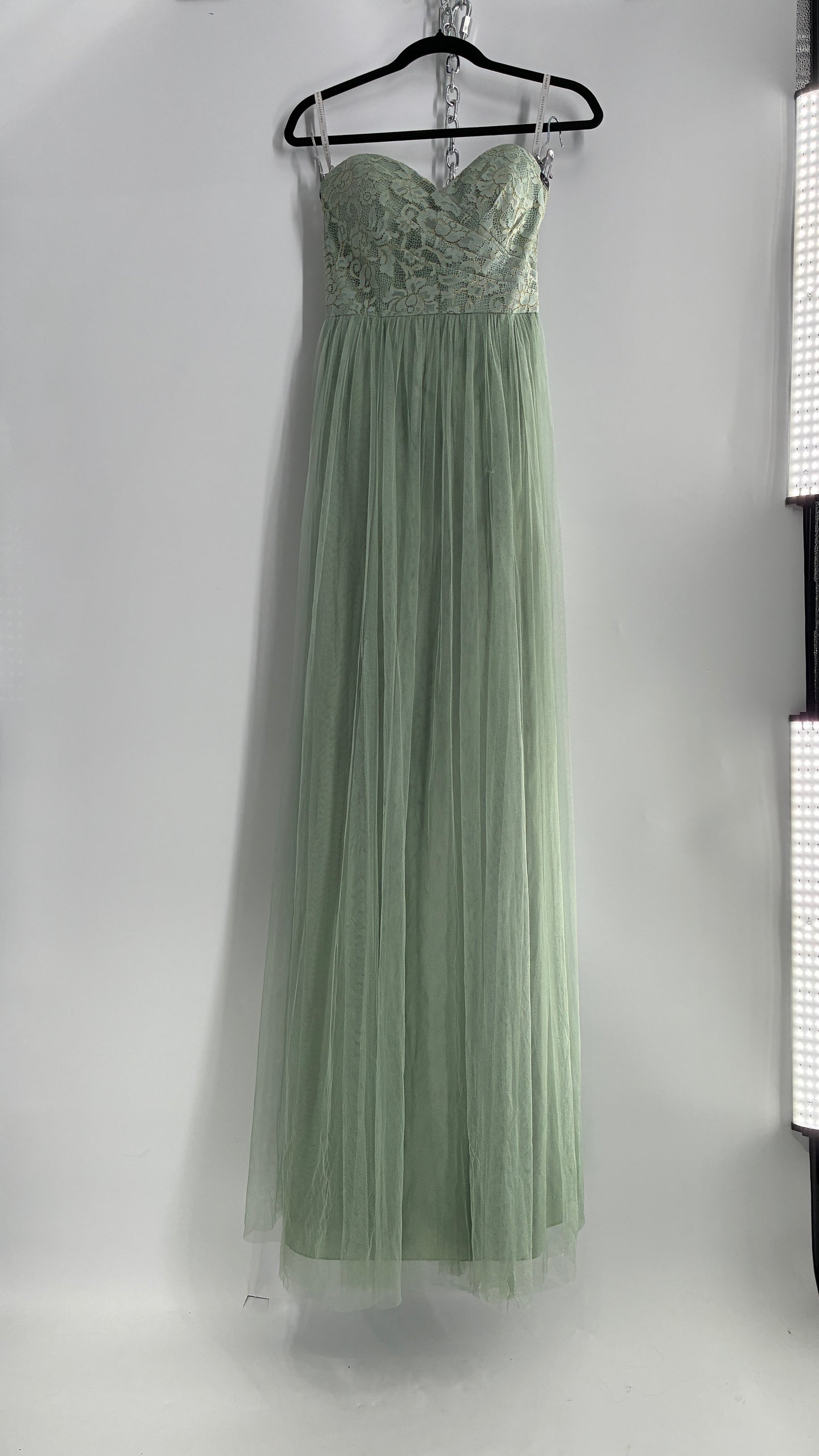 Jenny Yoo Seafoam Green Tulle Full Length Dress with Lace Corset Bodice (8)