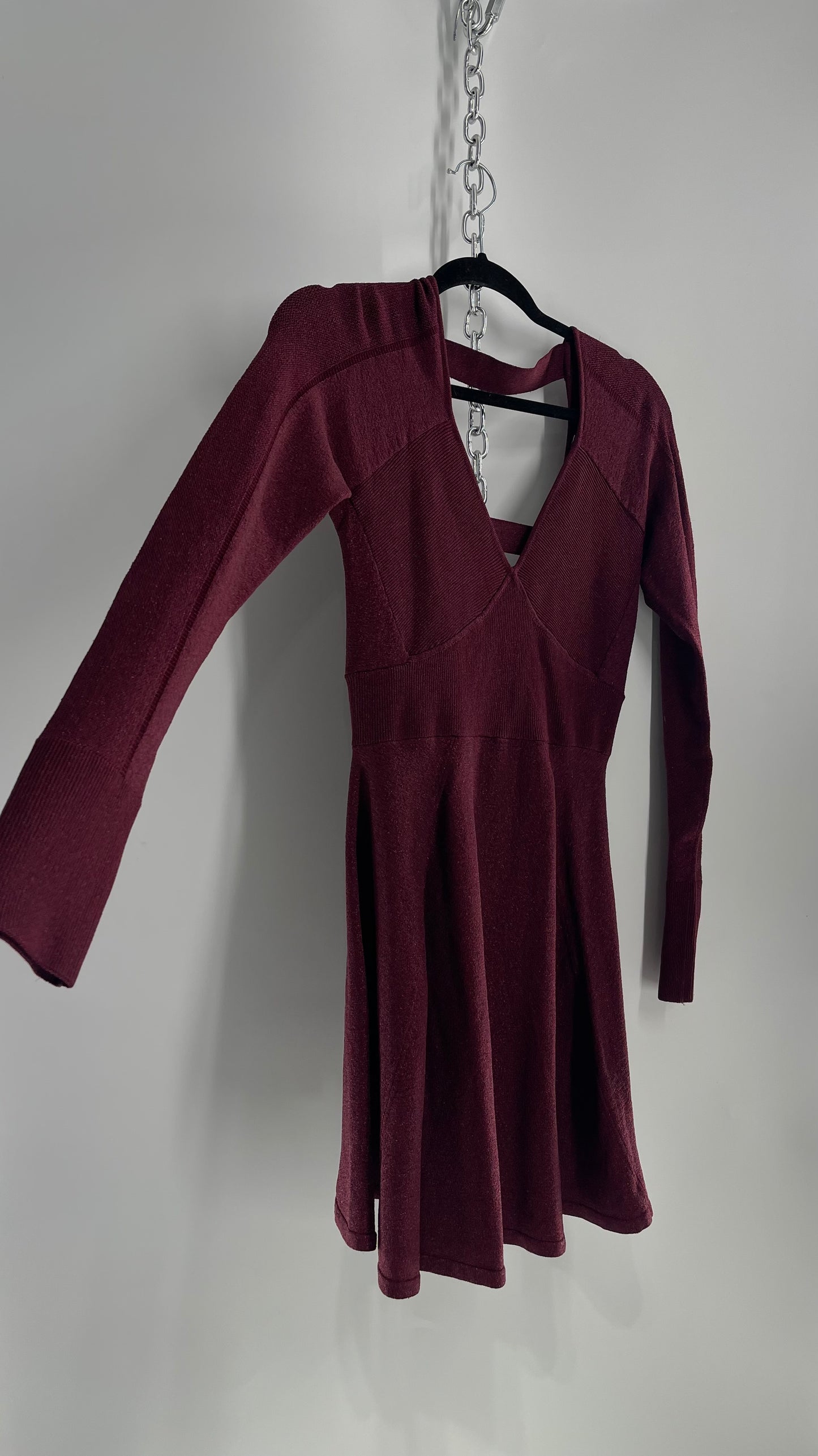 Free People Plum Tinsel Sparkle Long Sleeve Knit Mini Dress (Small)