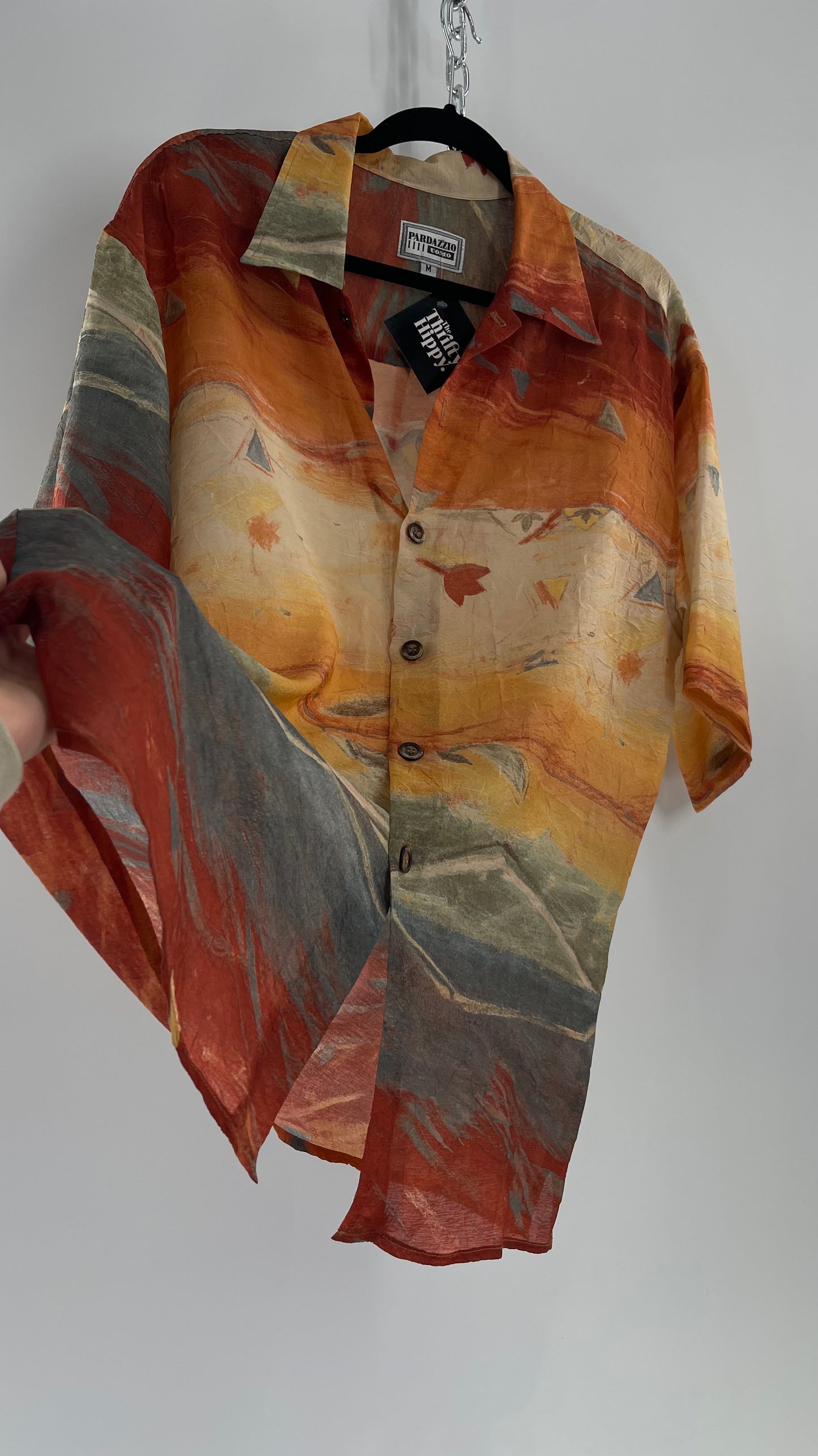 Vintage Pardazzio Uomo Sheer Crimped Abstract Fall Short Sleeve Button Up (Medium)