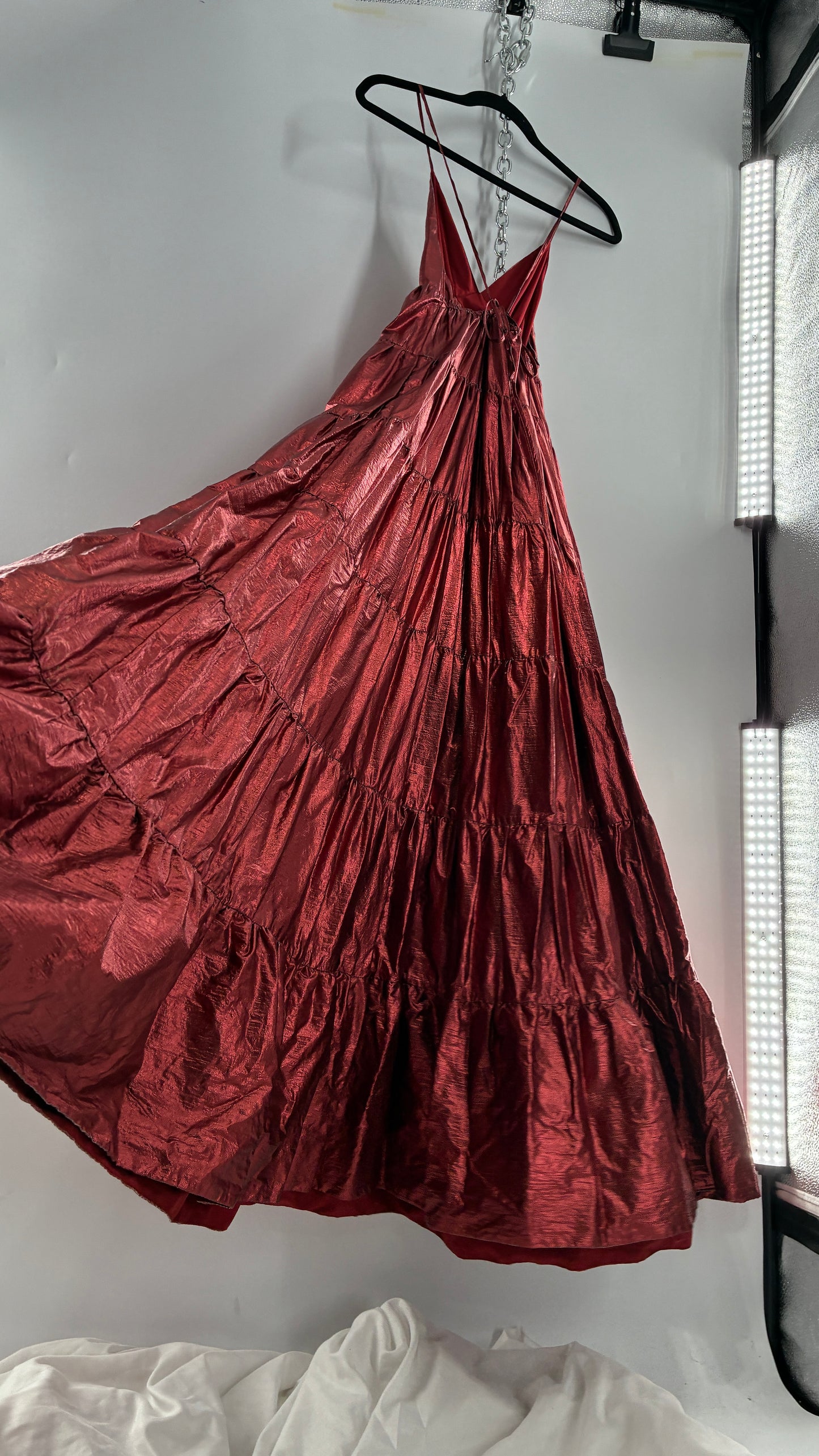 HUTCH Red Metallic Tiered Voluminous Maxi Gown (XS)