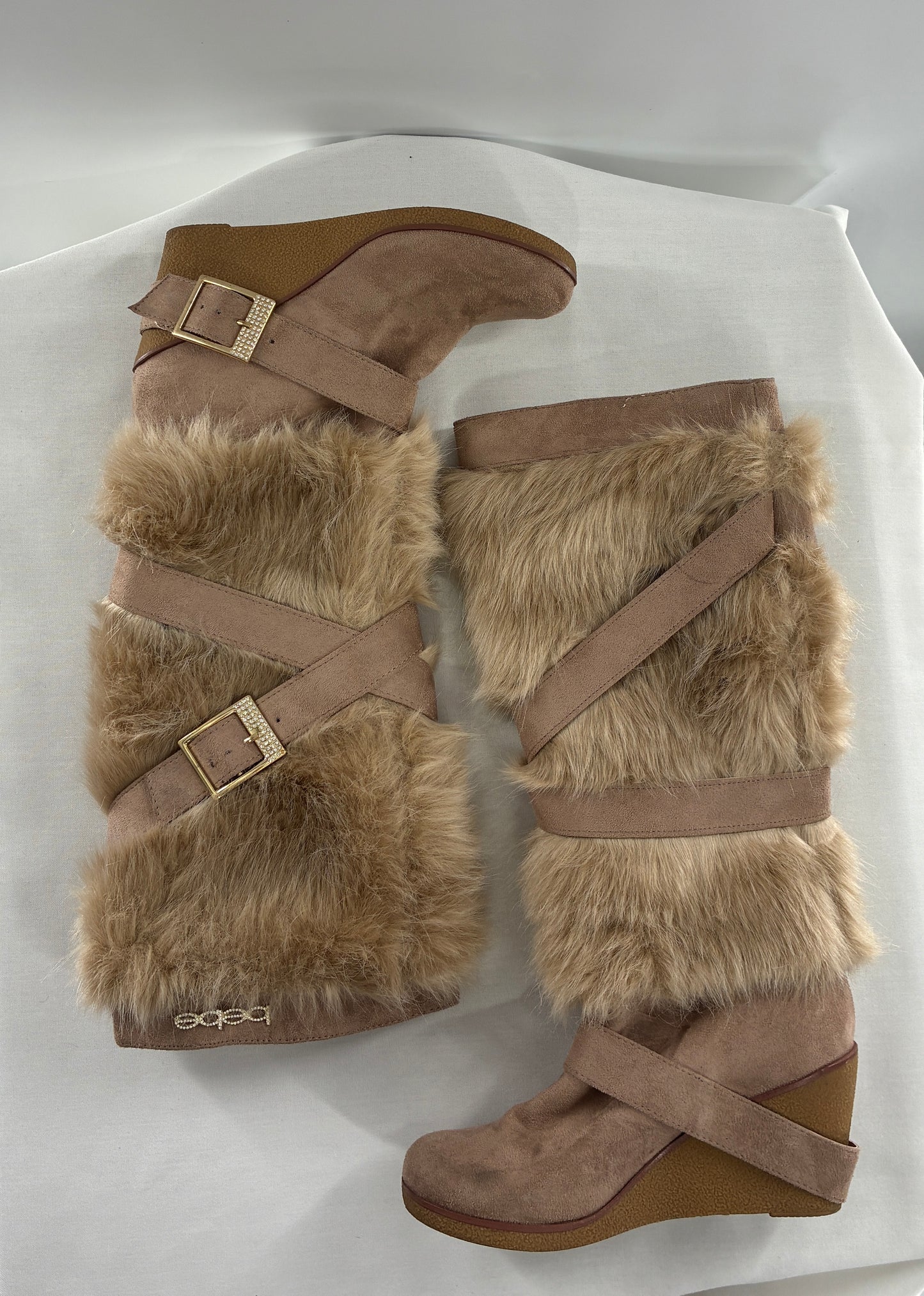 Vintage BEBE Wedge Heel Knee High Vegan Fur, Strappy Boots (6)