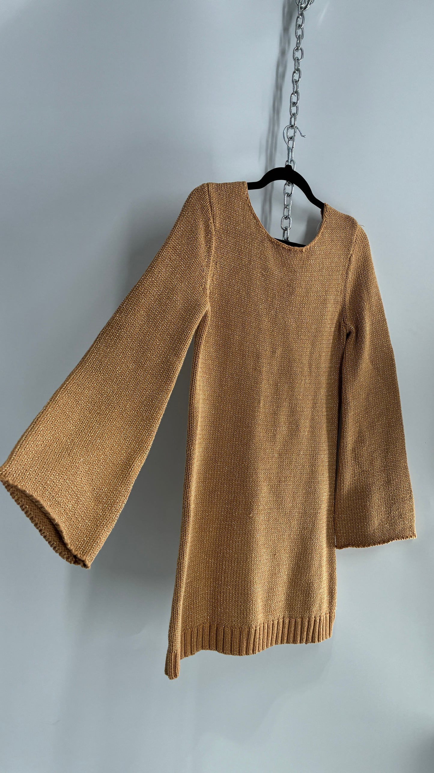 Some Days Lovin Gold Tinsel Knit Bell Sleeve Mini Dress (Small)