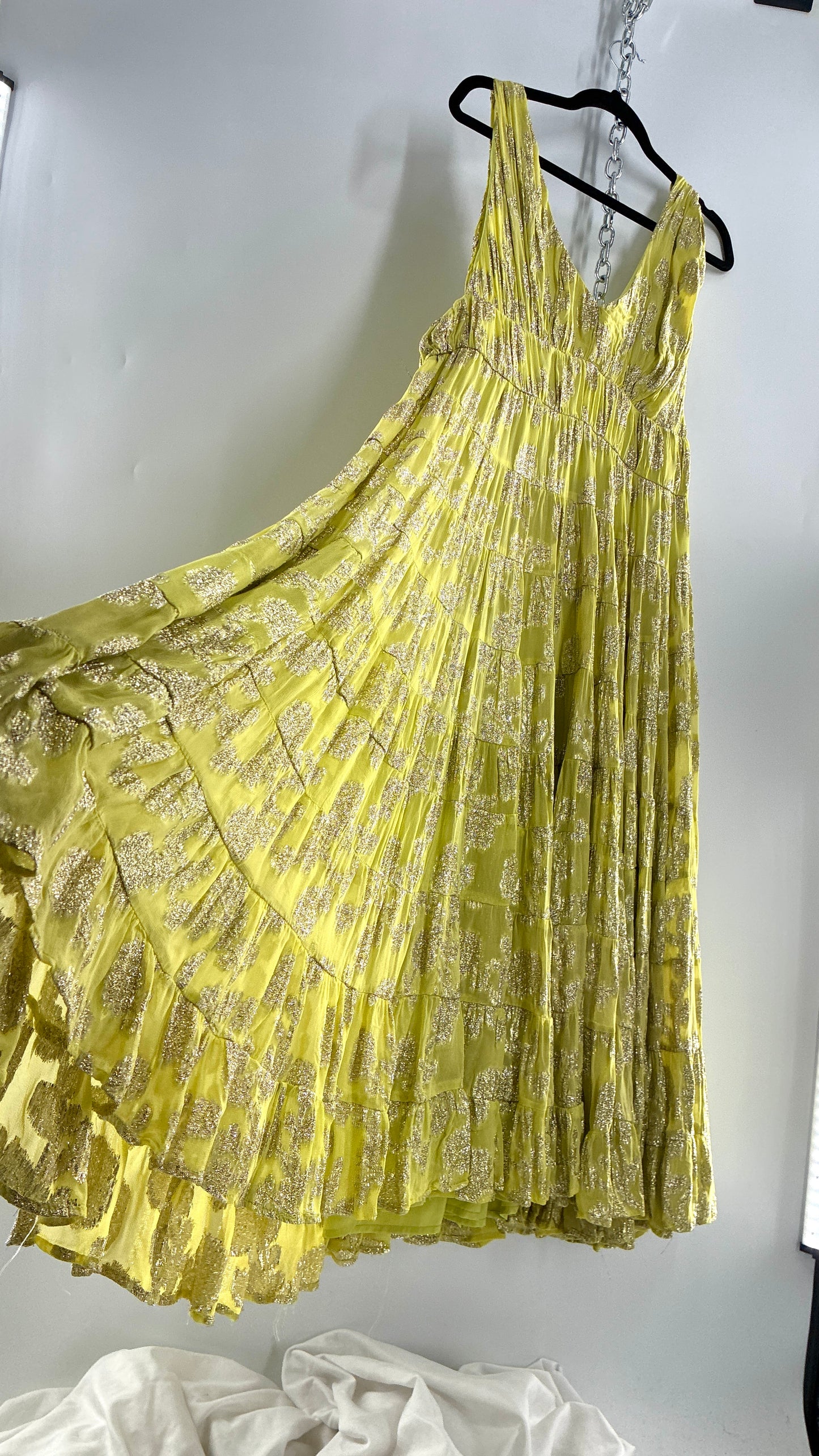 LET ME BE Lime Yellow/Green Ultra Voluminous Tiered Dress with Gold Metallic Jacquard Appliqué Pattern (XL)