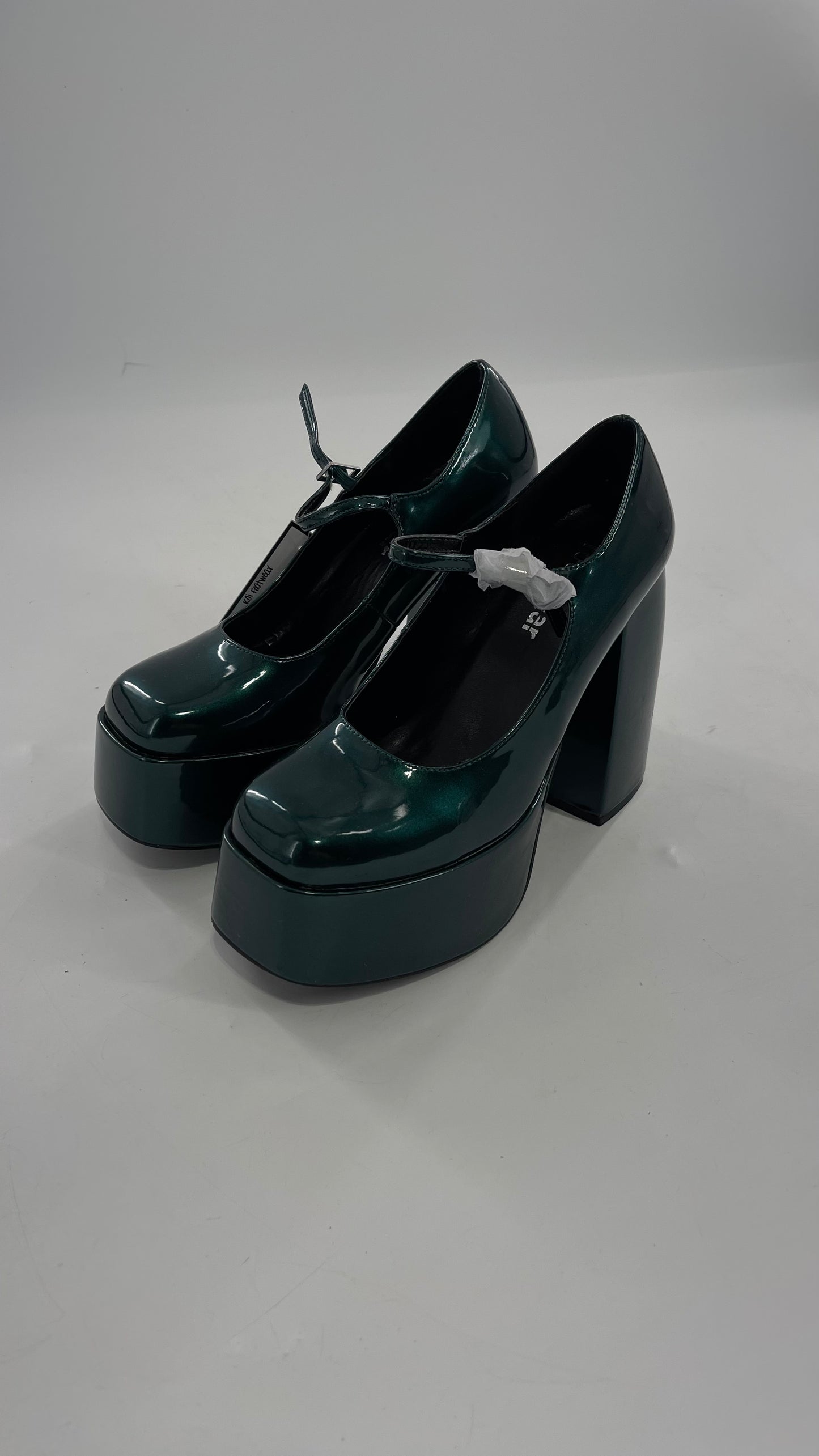 KOI FOOTWEAR Patent Emerald Green Platform Chunky Heel Mary Janes (9/39)