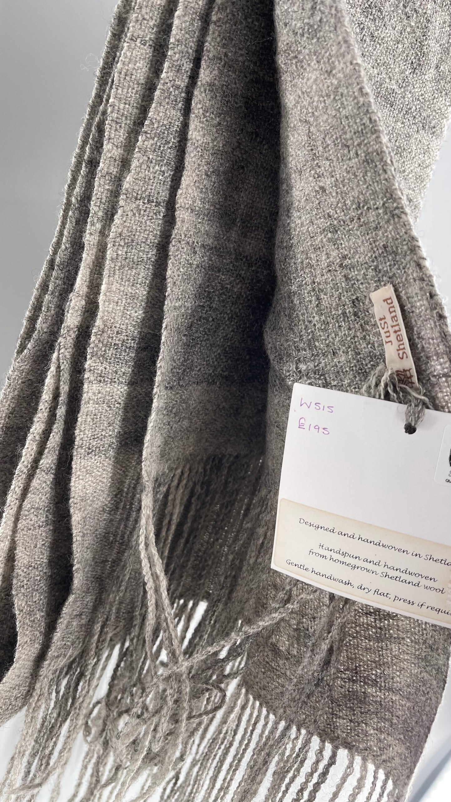 JuSt Shetland Handspun + Handwoven Shetland Yarn Julia Downing Nordus, Scousburgh Grey Woven Scarf