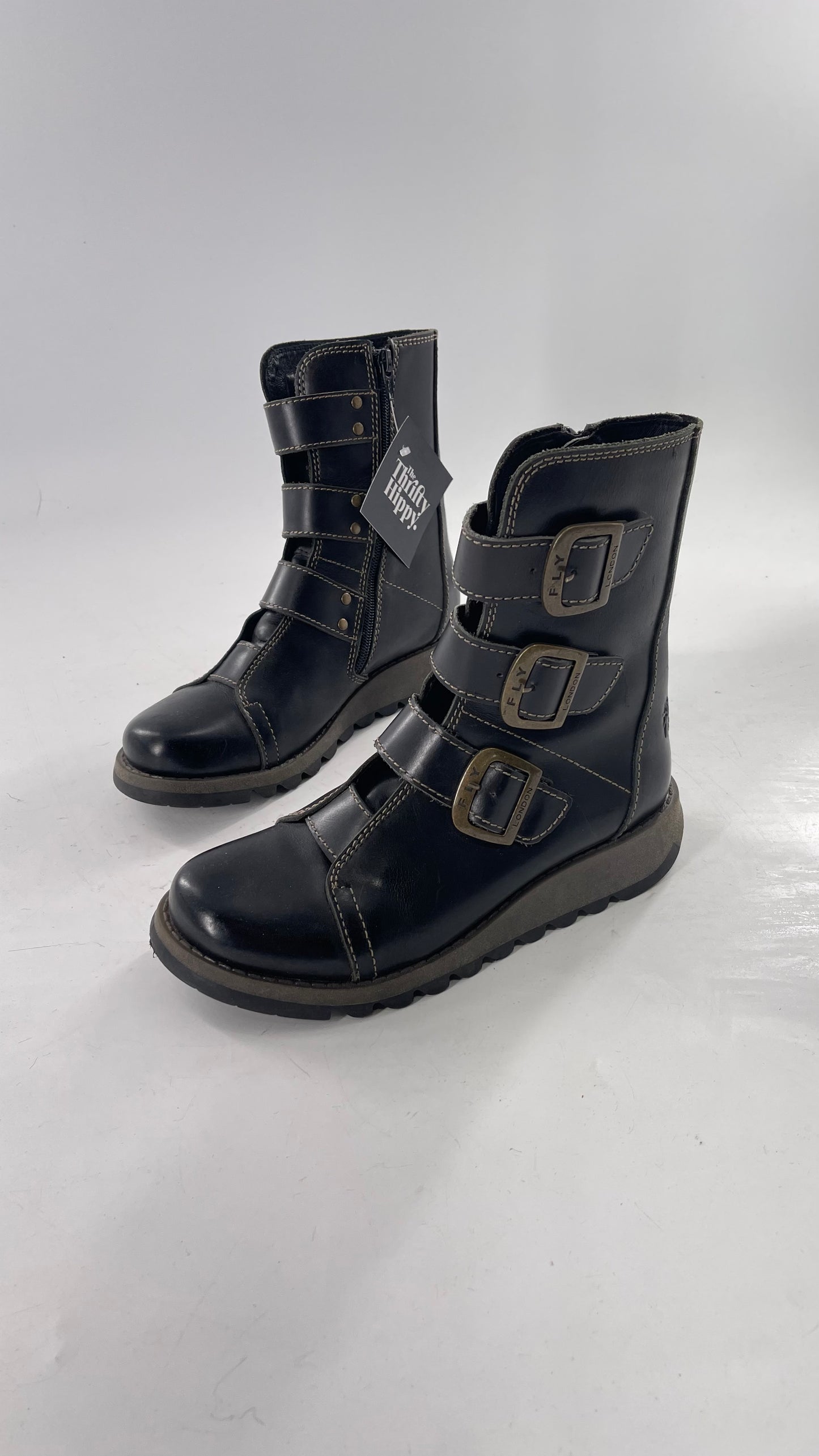 Fly London Black Zipper Side Biker Boot with Oversized Brass Buckles (38)
