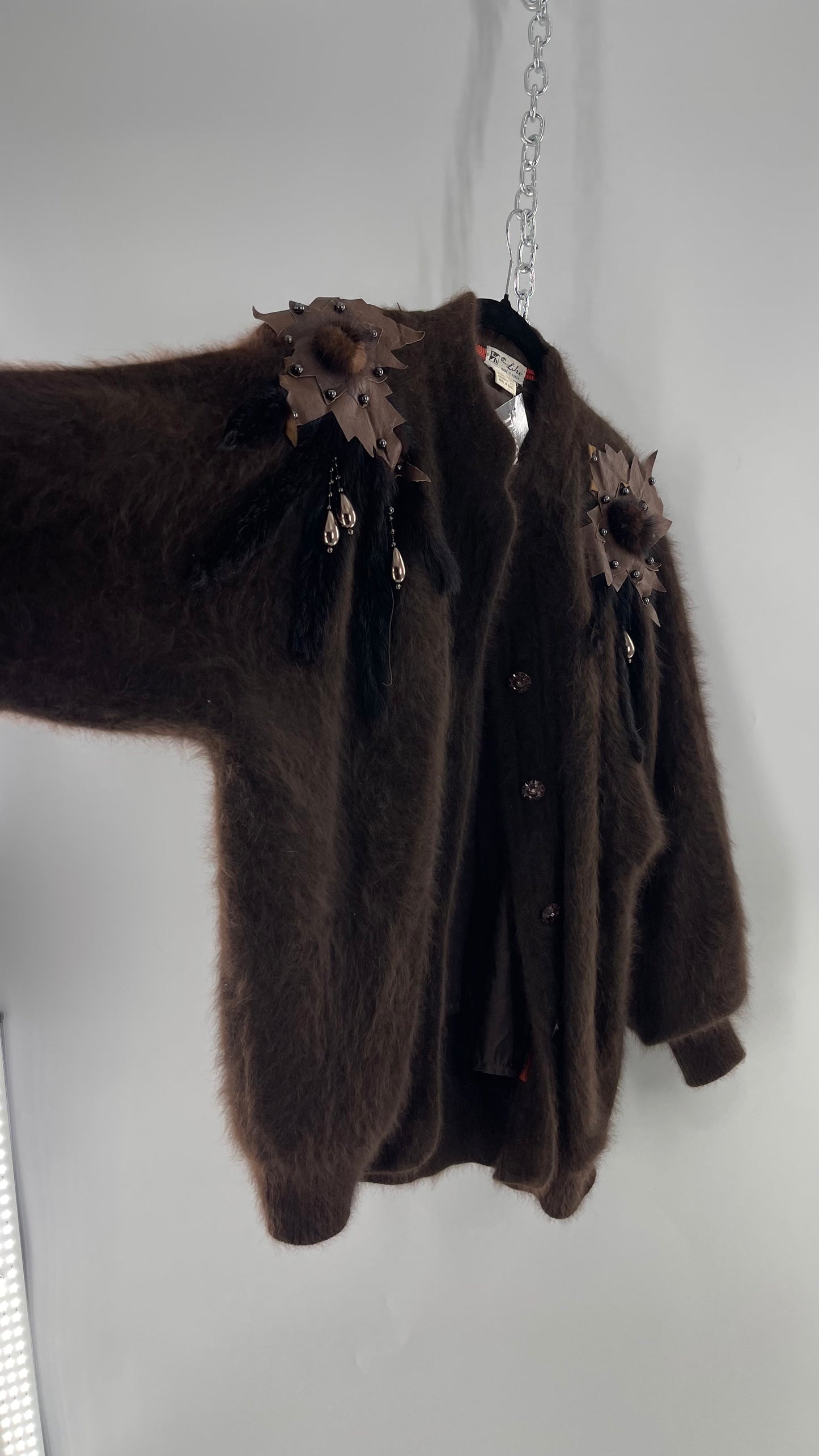 Liho Korean Vintage Brown Cardigan with Leather, Fur and Beaded Detailing 15% Wool 75% Angora  (C)(Medium)