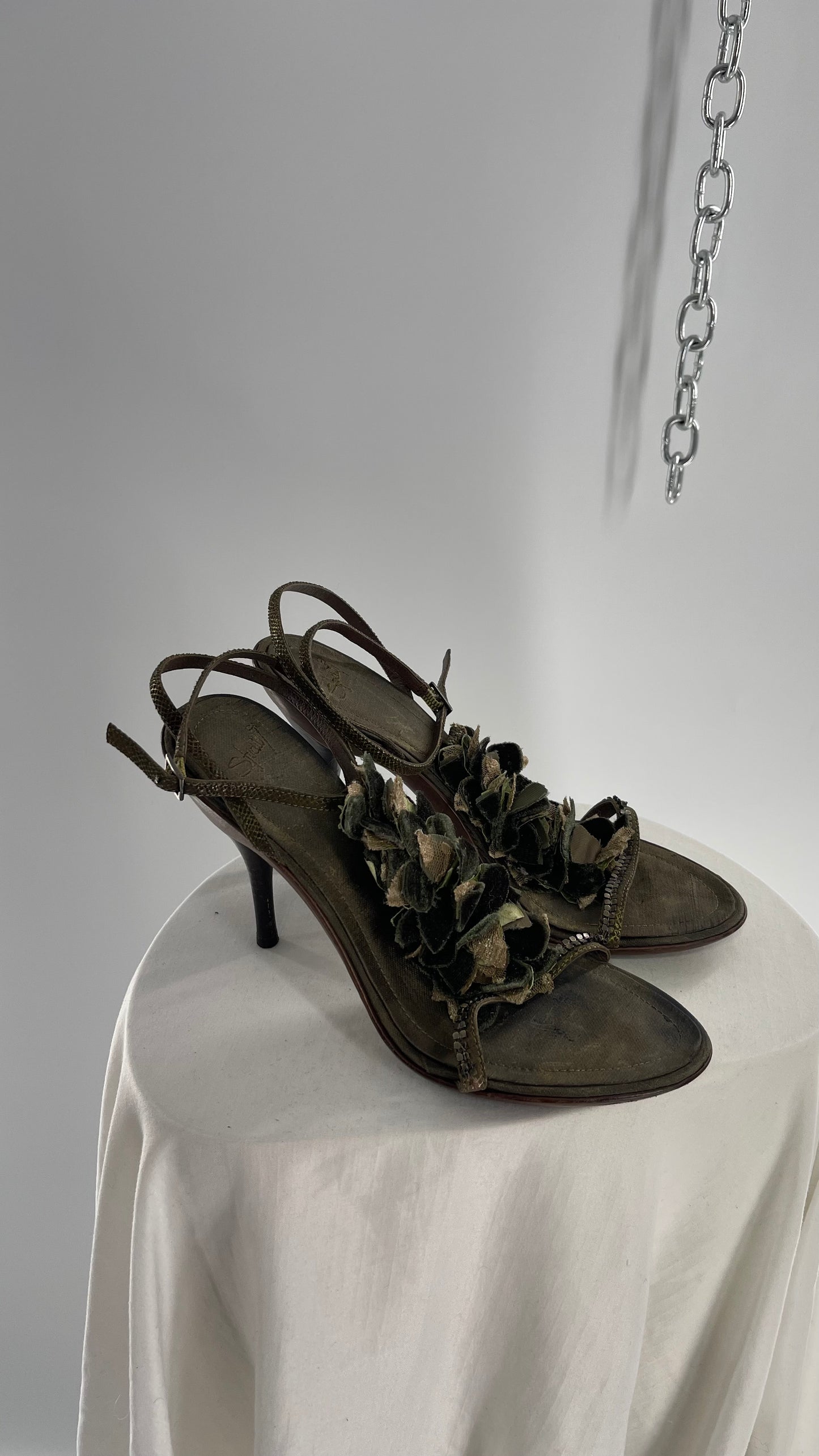 Vintage 1990s Italian Studio Designer Heel Forest Nymph, Mixed Texture Rosette Detailing with Leather Straps and Sole (8.5)