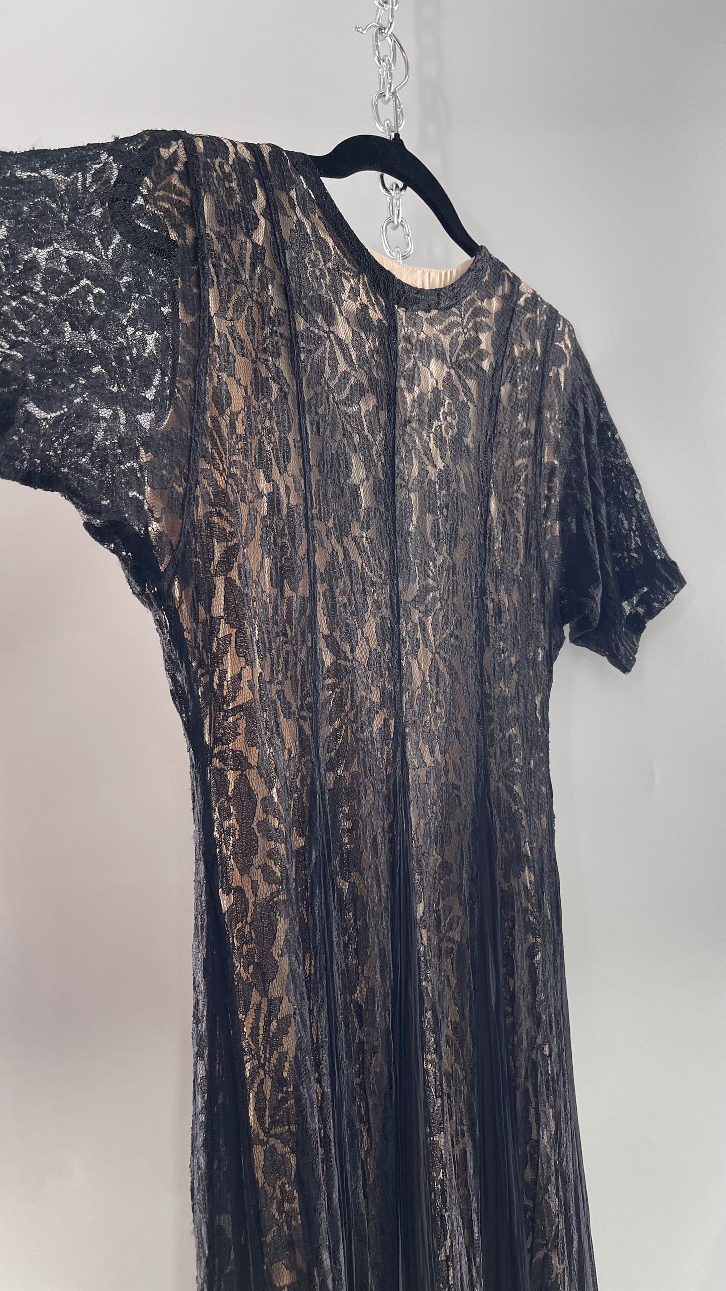 Nostalgia Vintage Black Lace Gown with Pleated Vents and Beige Underlay (Small)