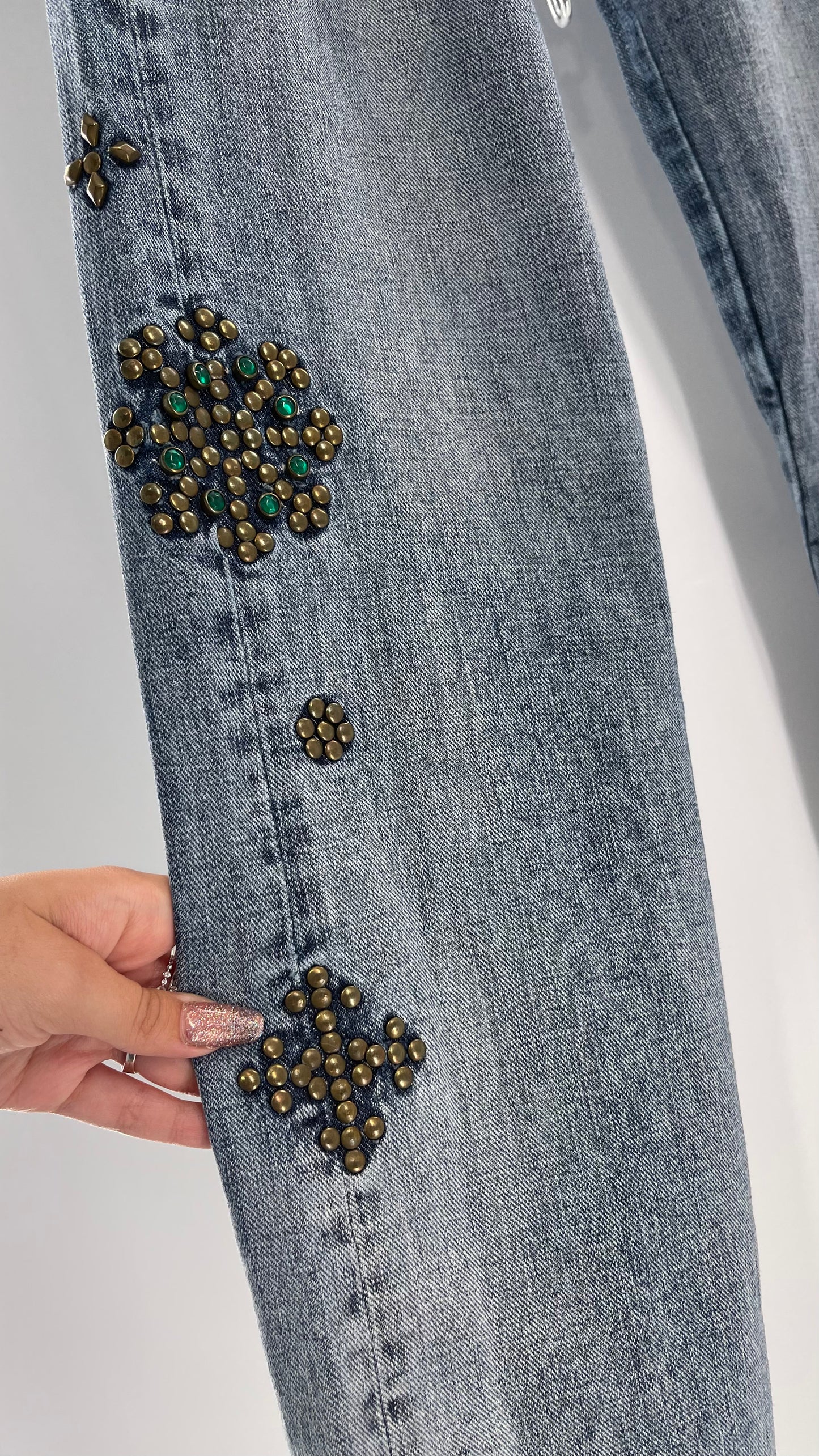 Western Denim Bank Light Wash Straight Legs with Gold/Bronze Metal Studs and Jewels (29)