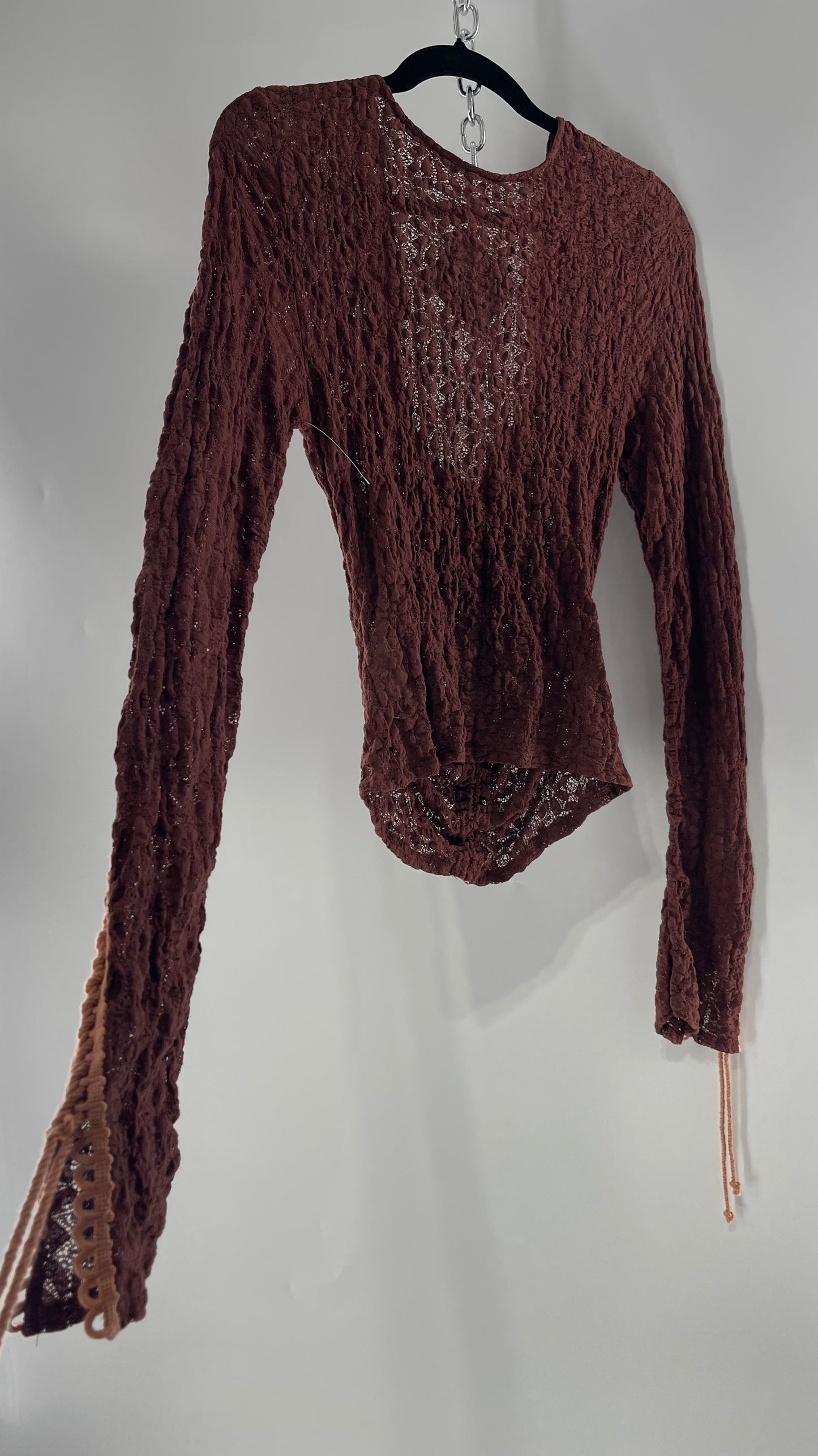 Free People Burgundy Lace Long Sleeve with Pink Lace Up Sleeve Detail (Medium)