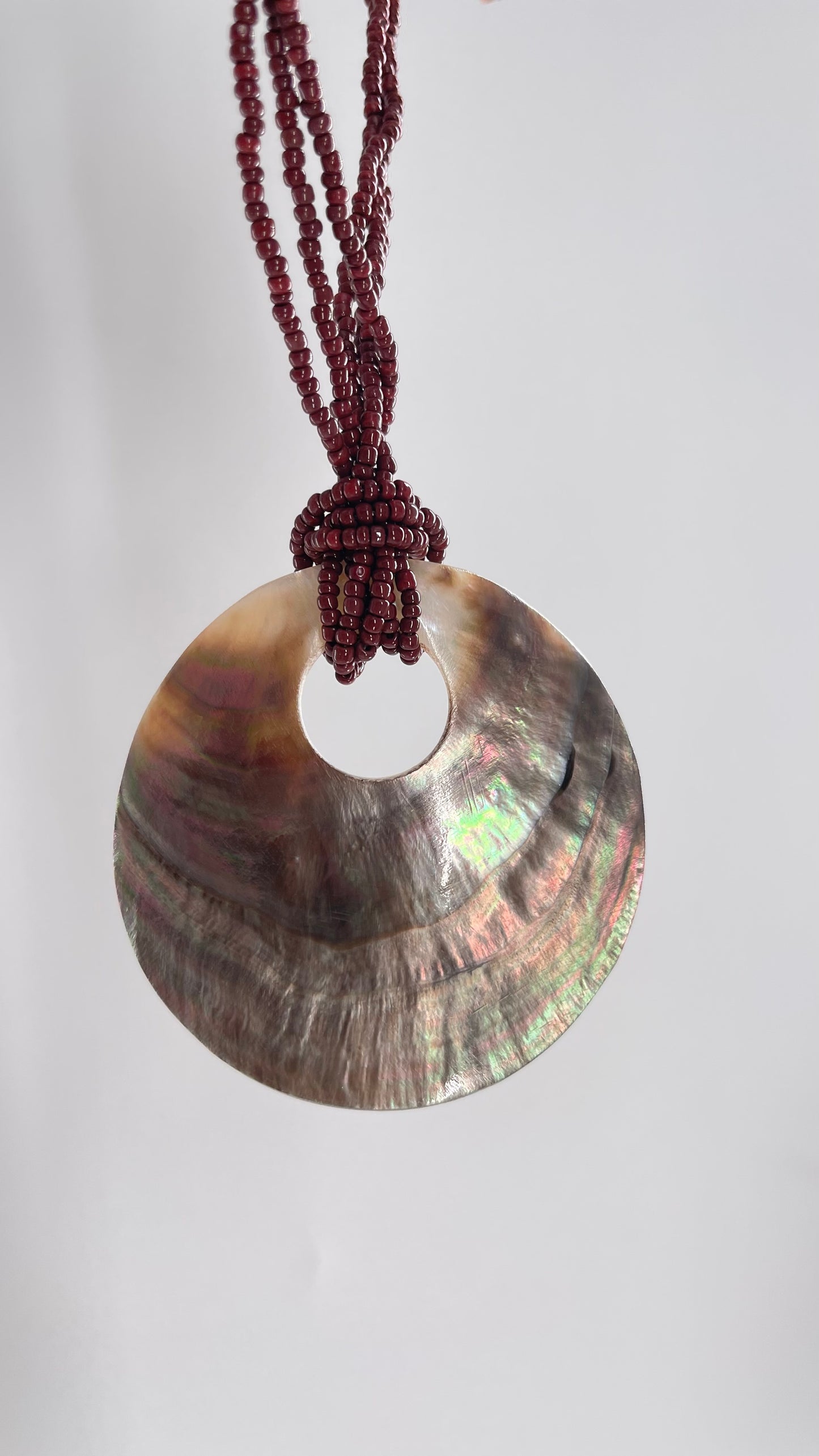 Vintage 1990s Burgundy Beaded Choker with Statement Iridescent Shell Pendant