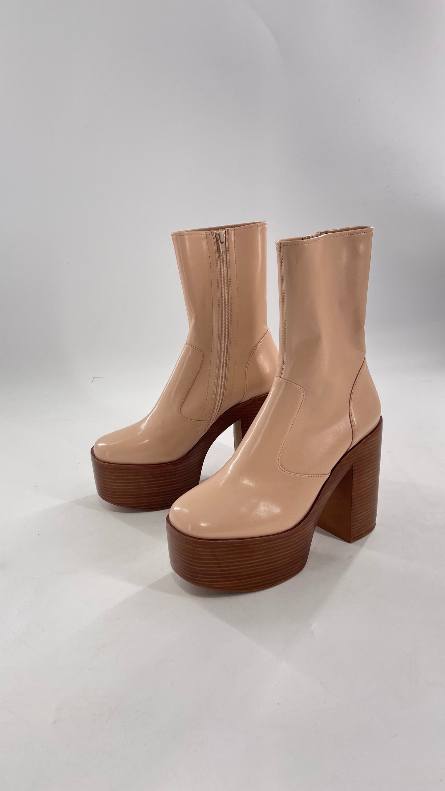 Free People X Jeffrey Campbell Mexique GoGo Boots • Beige Patent Boot with Wood Grain Chunky Block Heel and Platform (9)