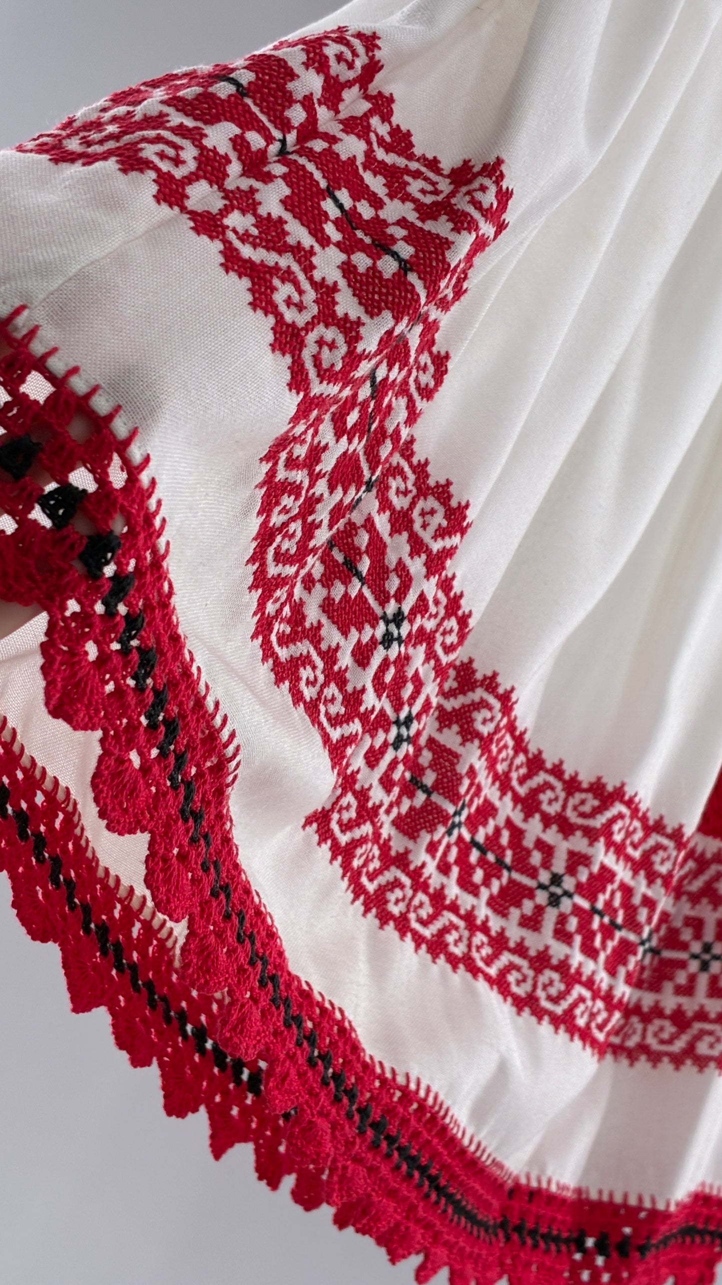 Vintage 1970s LUX FOLKLOR Budapest Handmade Cotton Long Sleeve and Skirt Covered in Red Embroidery and Stitching