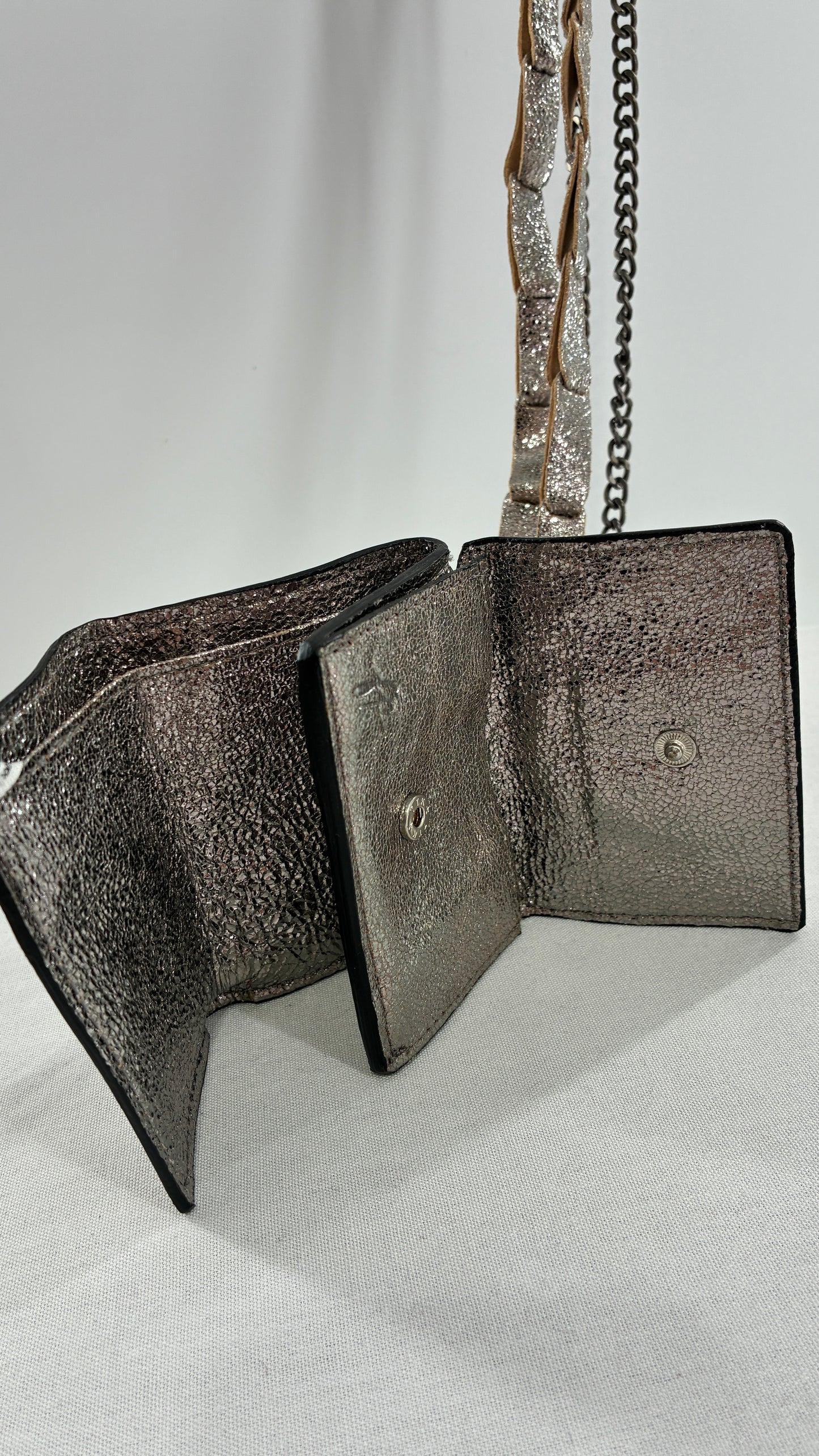 Free People Silver Gun Metal Metallic Goat Leather Wallet with Leather and Chain Straps