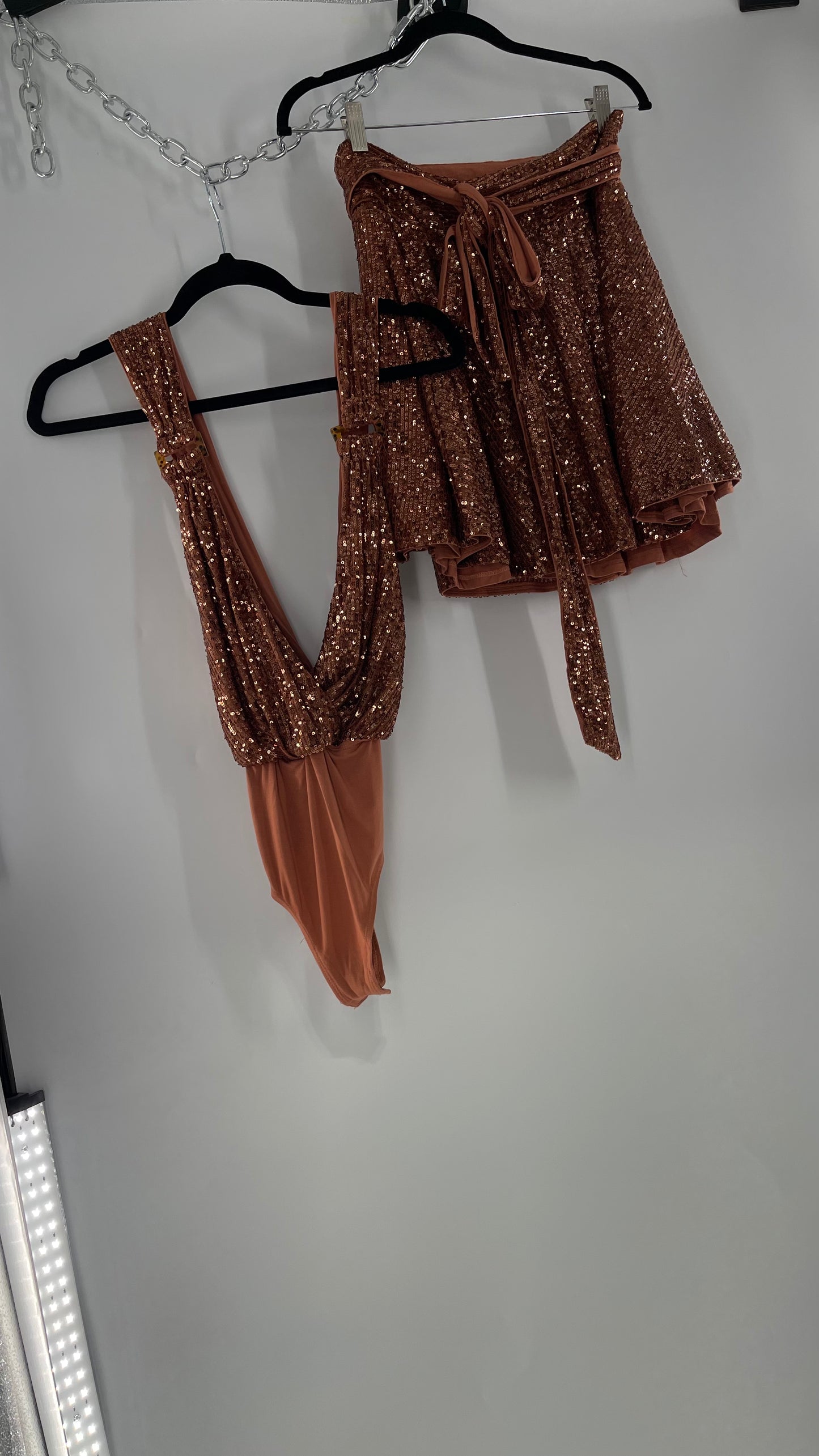 Free People Bronze Sequin 2Piece Set with Wrap Around Skirt and Bodysuit (XS body, S Skirt)