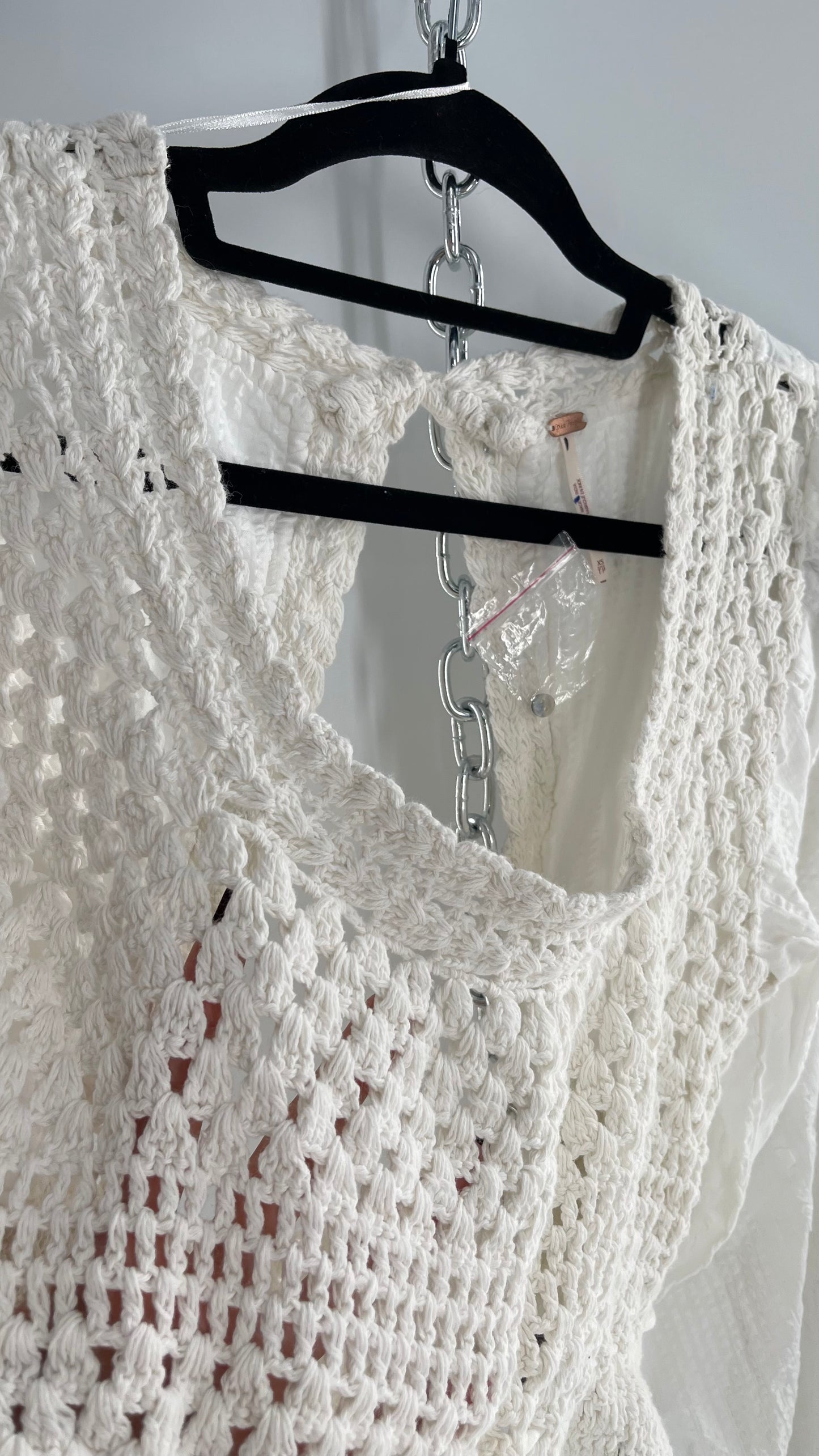 Free People White Megan Blouse with Crochet Knit Bodice and Open Back (XS)