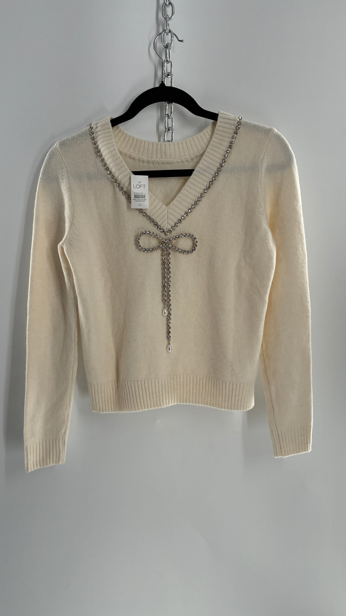 LOFT Cream Reversible Sweater with Rhinestone and Pearl Bow Detail + Tags Attached (XS)